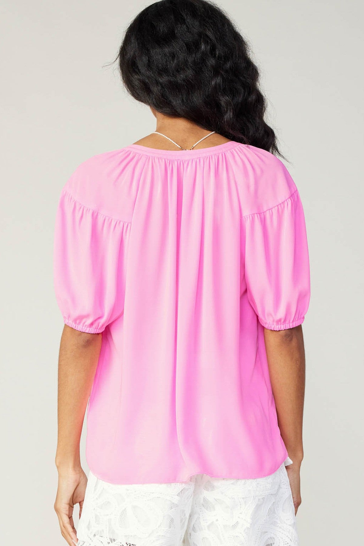 Short Sleeve Split Neck Blouse Neon Light Pink