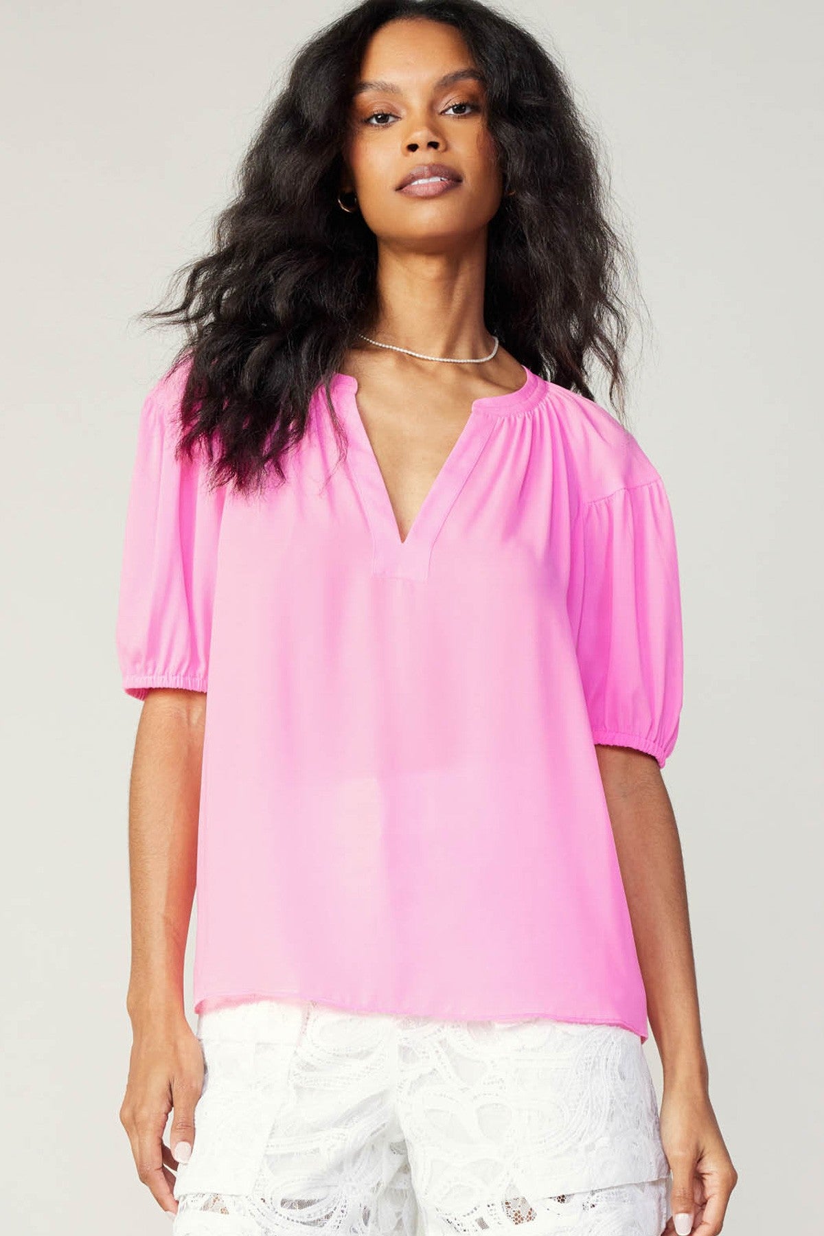 Short Sleeve Split Neck Blouse Neon Light Pink