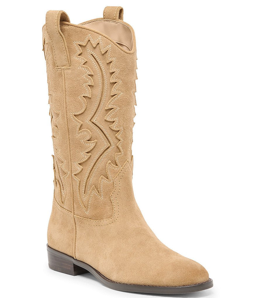 Dolce Vita Tomara western cowboy boot in tan suede with embroidered shaft detailing