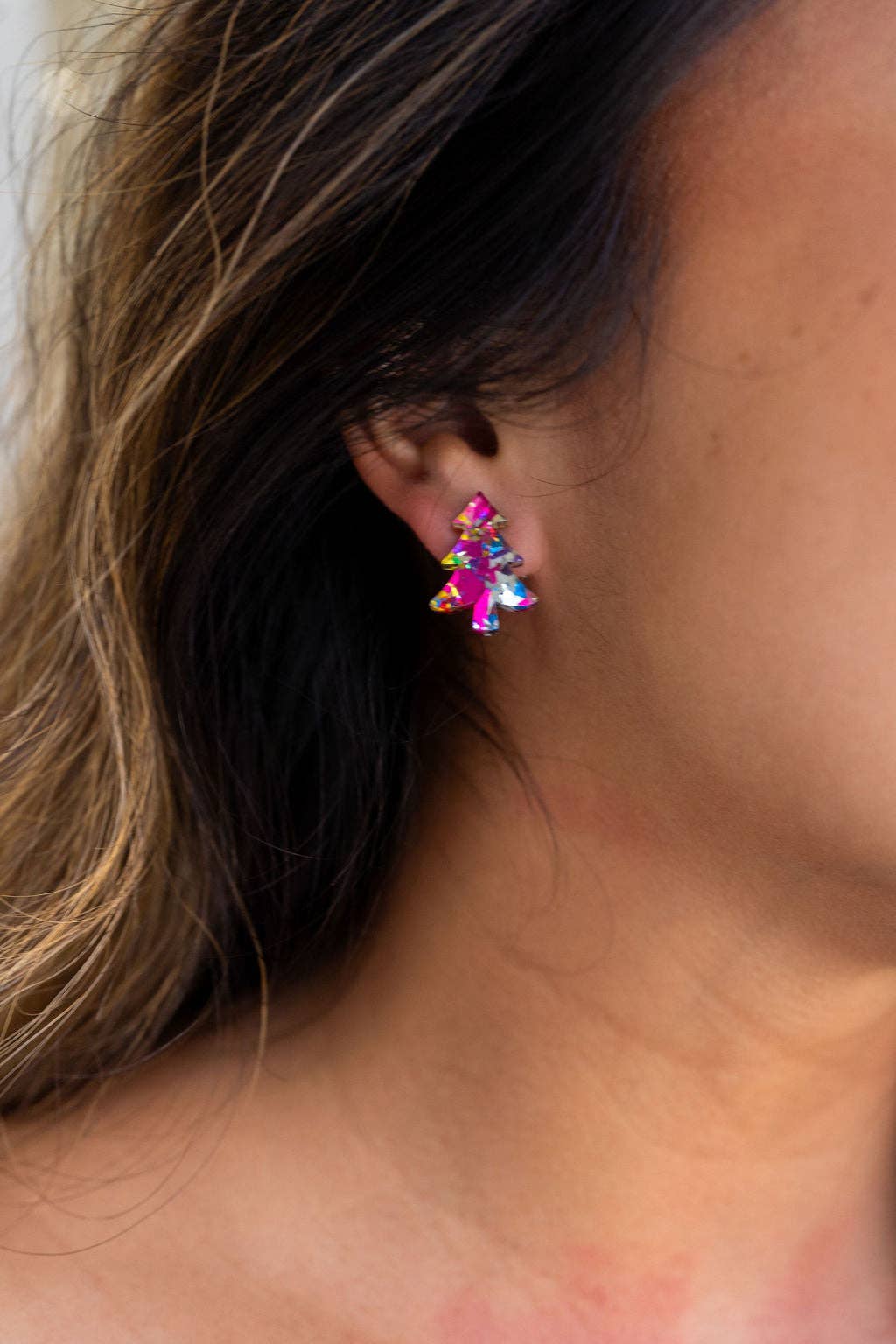 Christmas Tree Studs - Pink Tinsel
