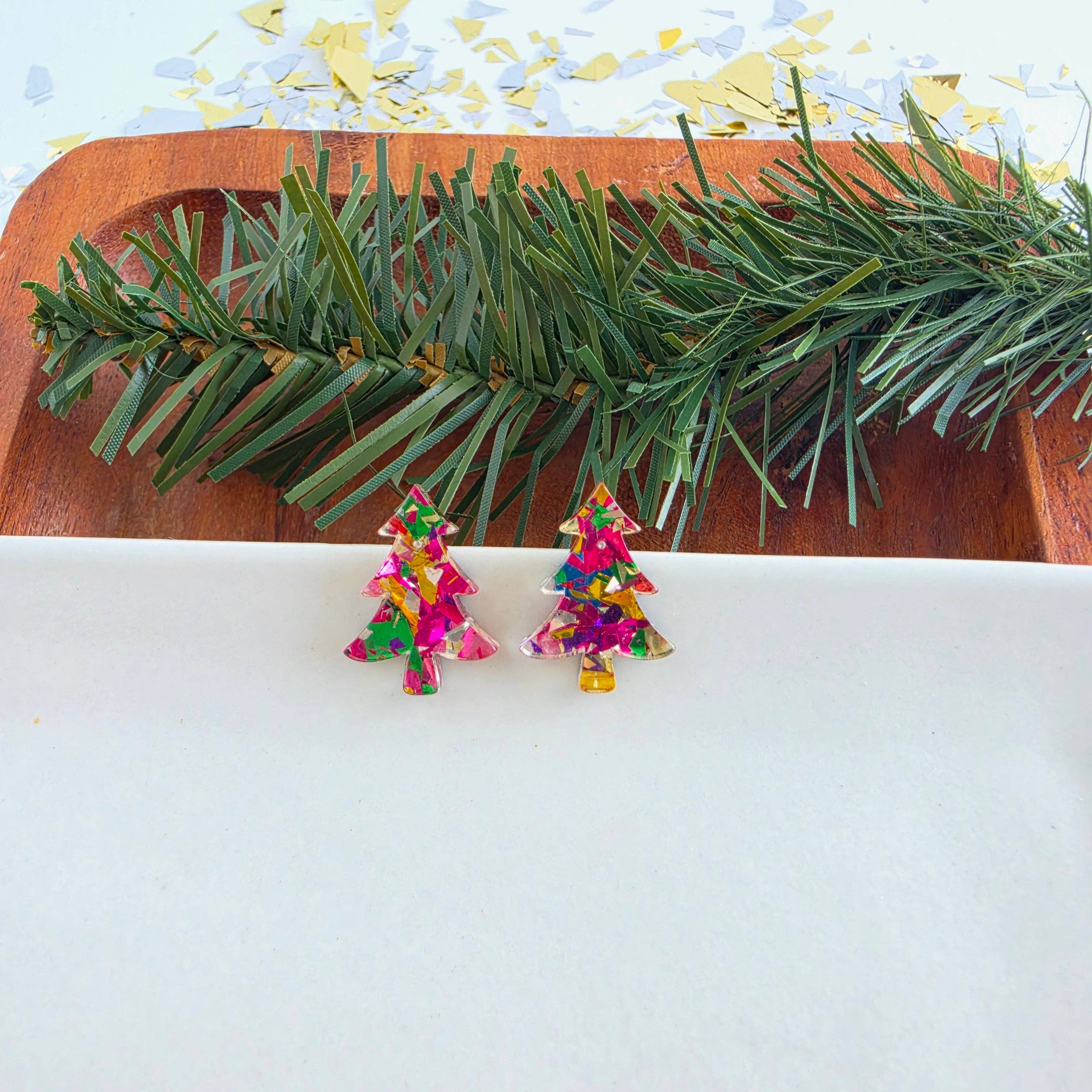Christmas Tree Studs - Pink Tinsel