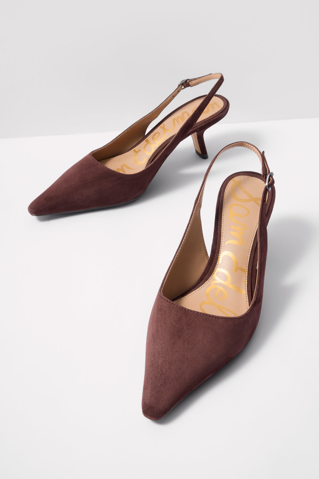 Sam Edelman Bianka slingback pumps in cafe noir suede with pointed toe and kitten heel