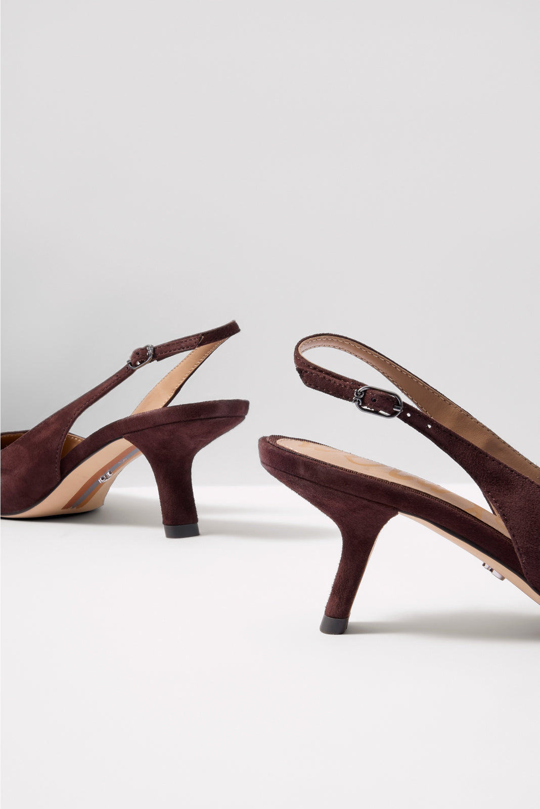 Sam Edelman Bianka sling-back heels in rich chocolate brown suede with ankle straps