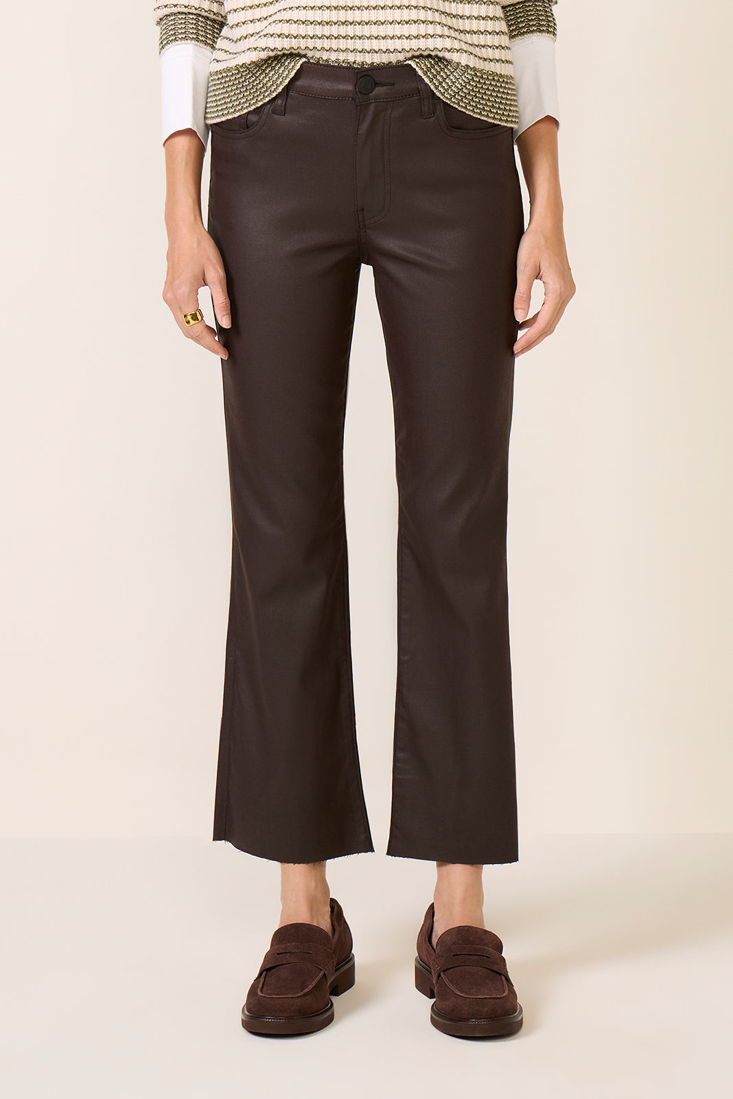 KUT from the Kloth Kelsey High Rise flare jeans in chocolate coated finish