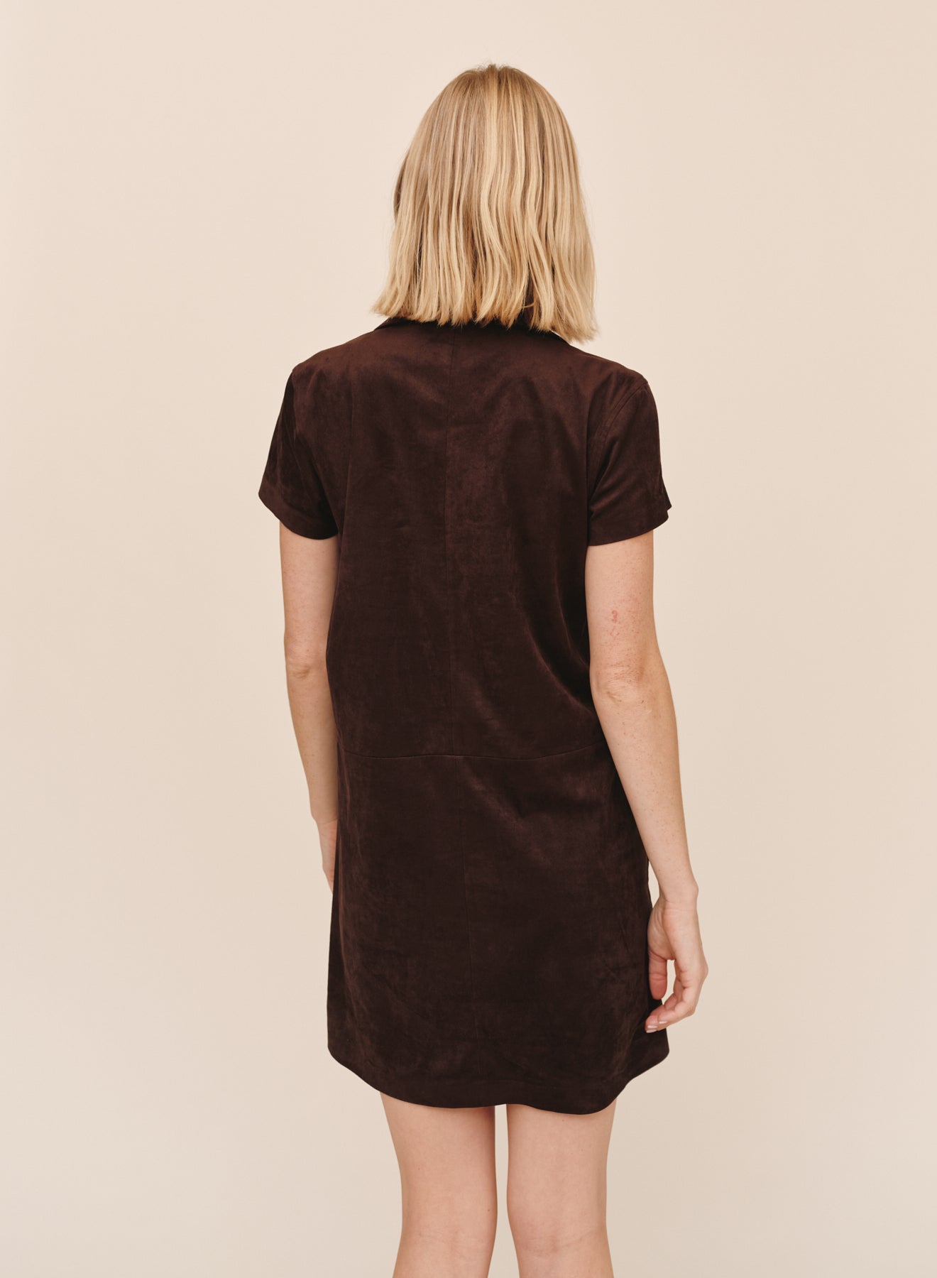 Bella Dahl Dark Roast short sleeve suede A-line mini dress, back view on model