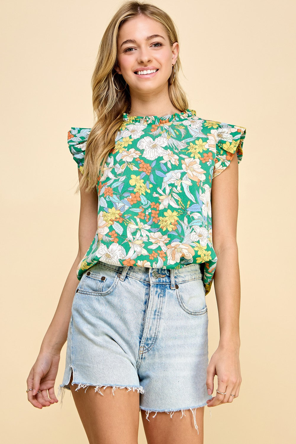 Floral Printed Top with Ruffled Sleeves