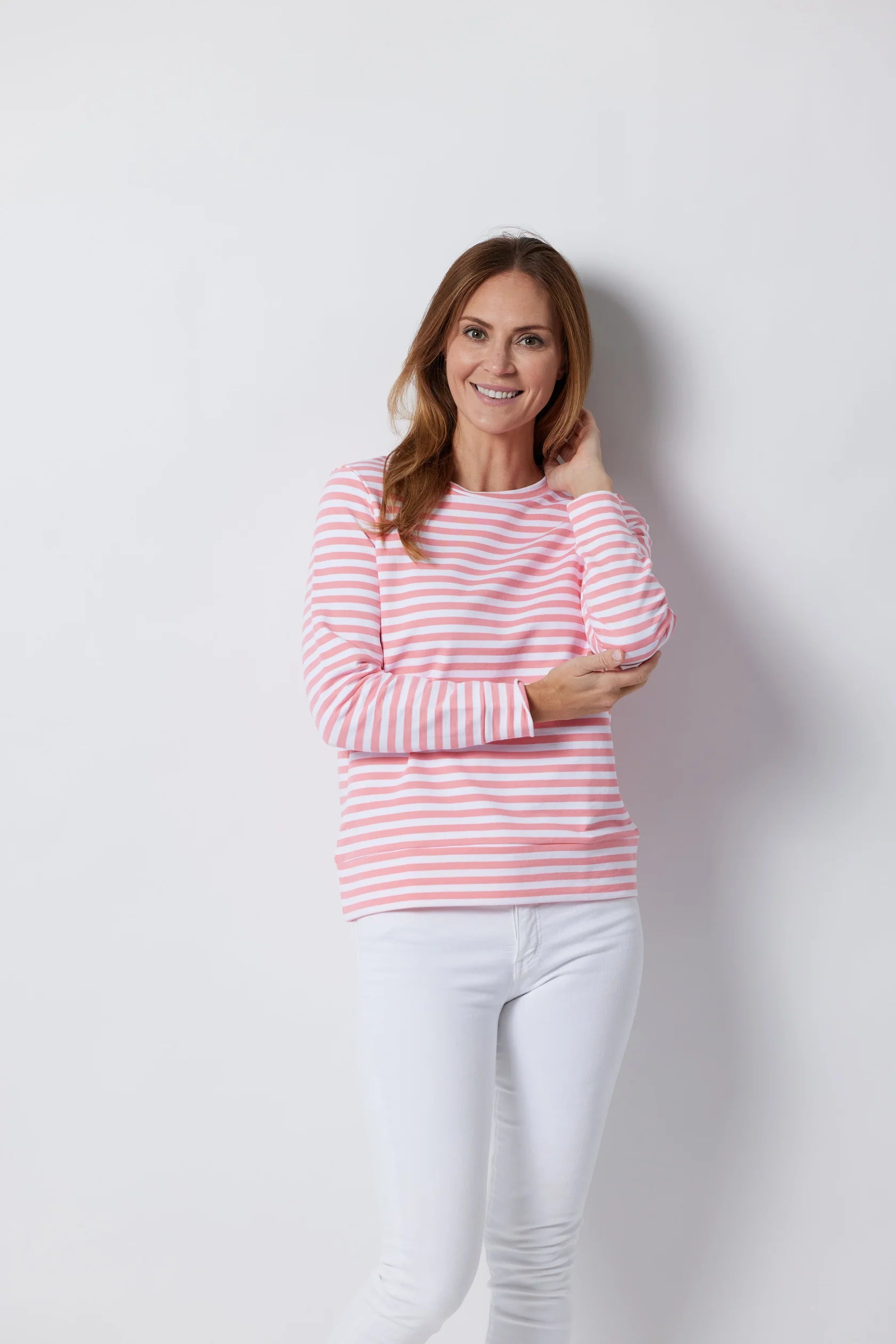 Long Sleeve Sweatshirt - Coral / White Stripe
