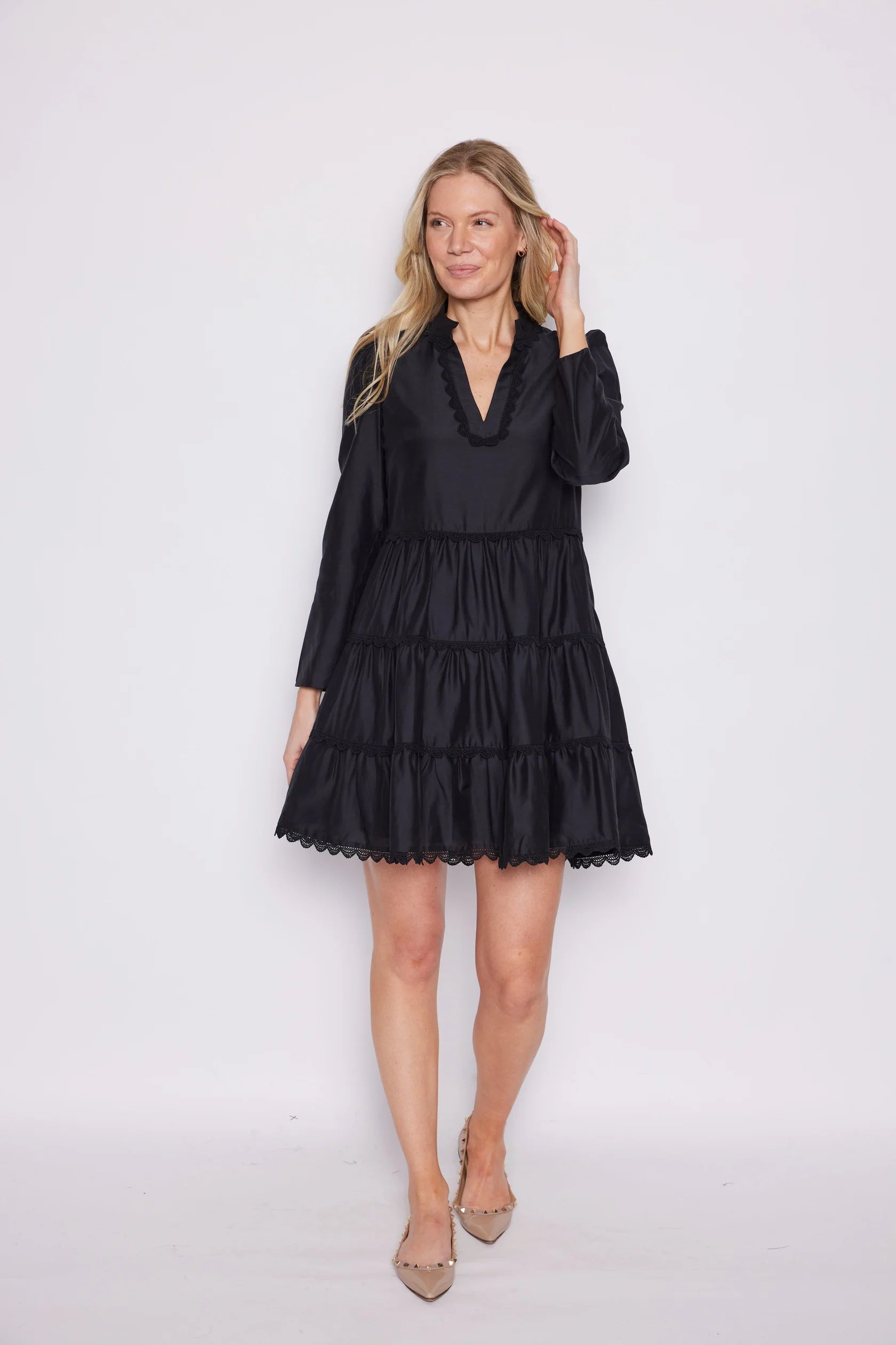Lace Trim Fit & Flare Tunic Dress - Black Silk Cotton
