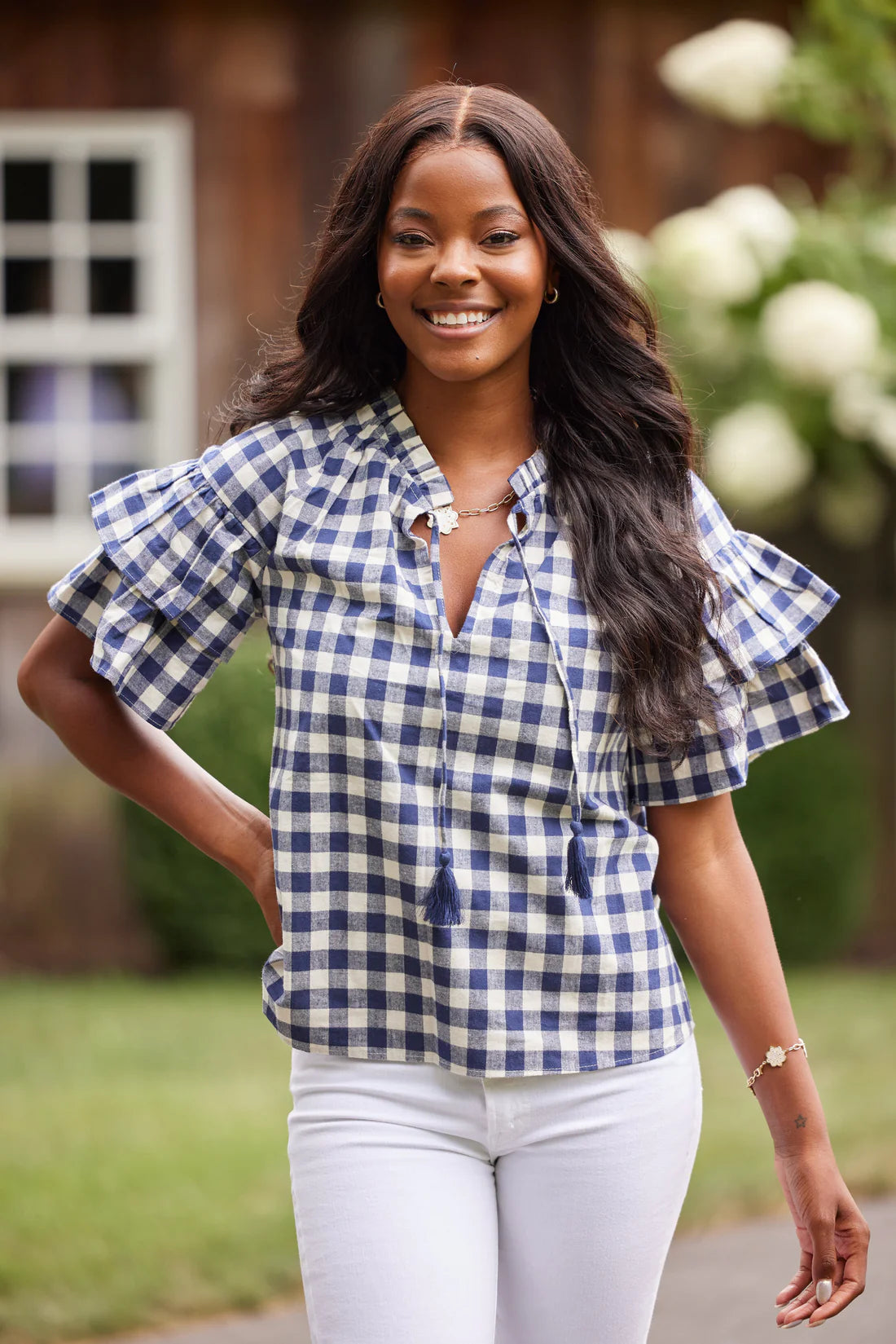 Short sleeve ruffle blouse sales