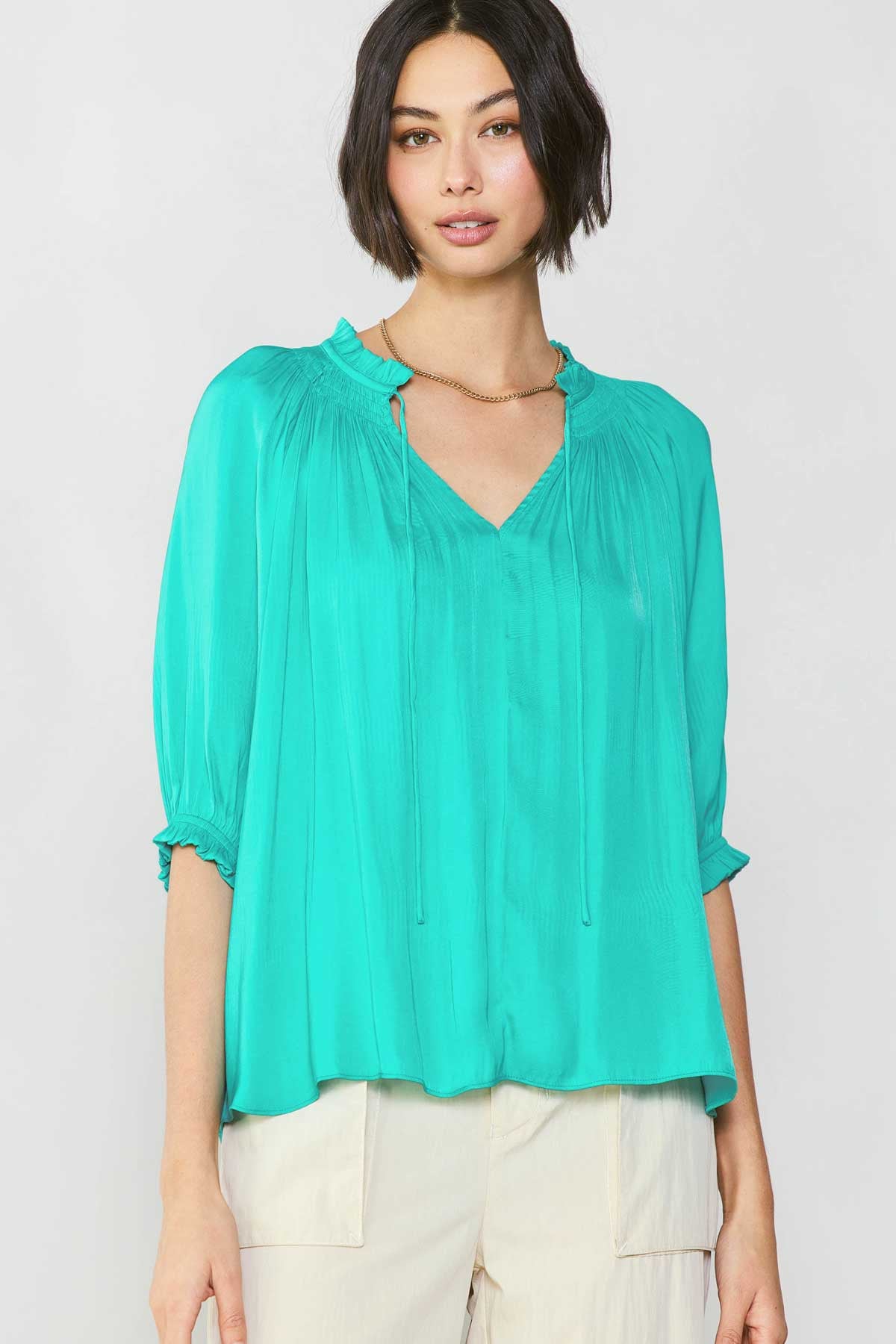 Short Sleeve Tie Front Top Turquoise