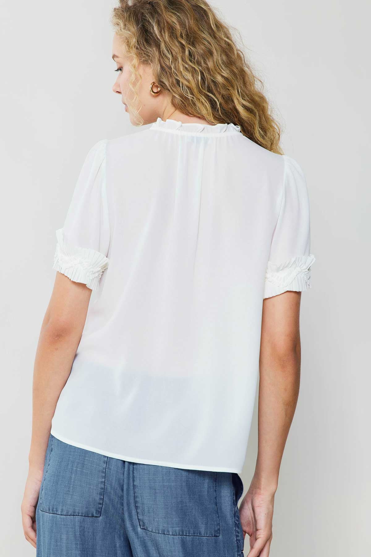 Pleated Cuff Short Sleeve Blouse White