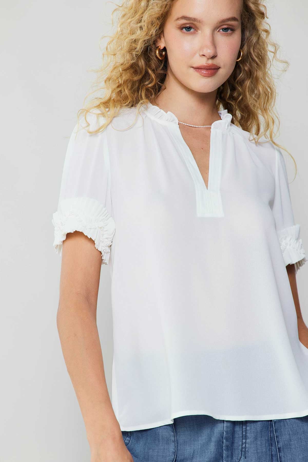 Pleated Cuff Short Sleeve Blouse White