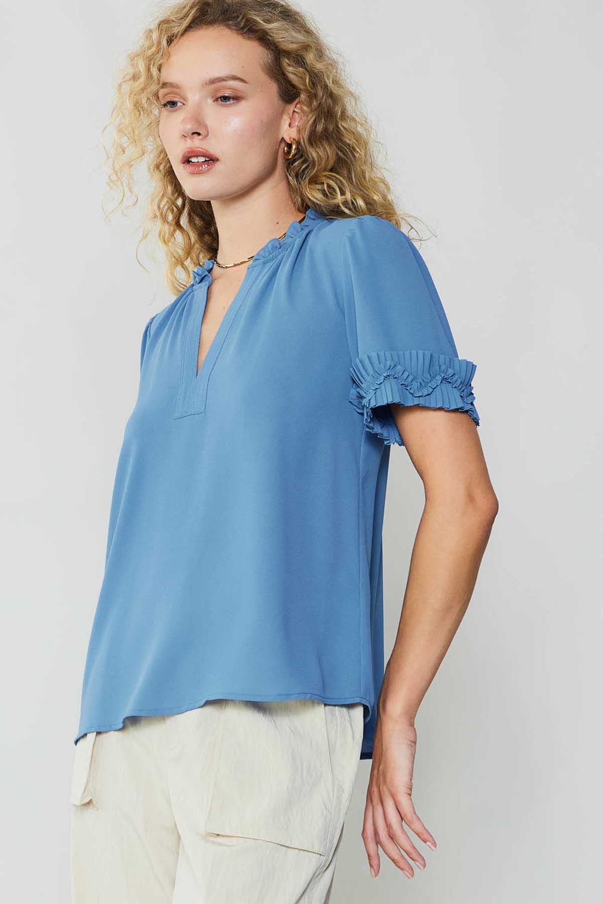 Pleated Cuff Short Sleeve Blouse Faded Blue