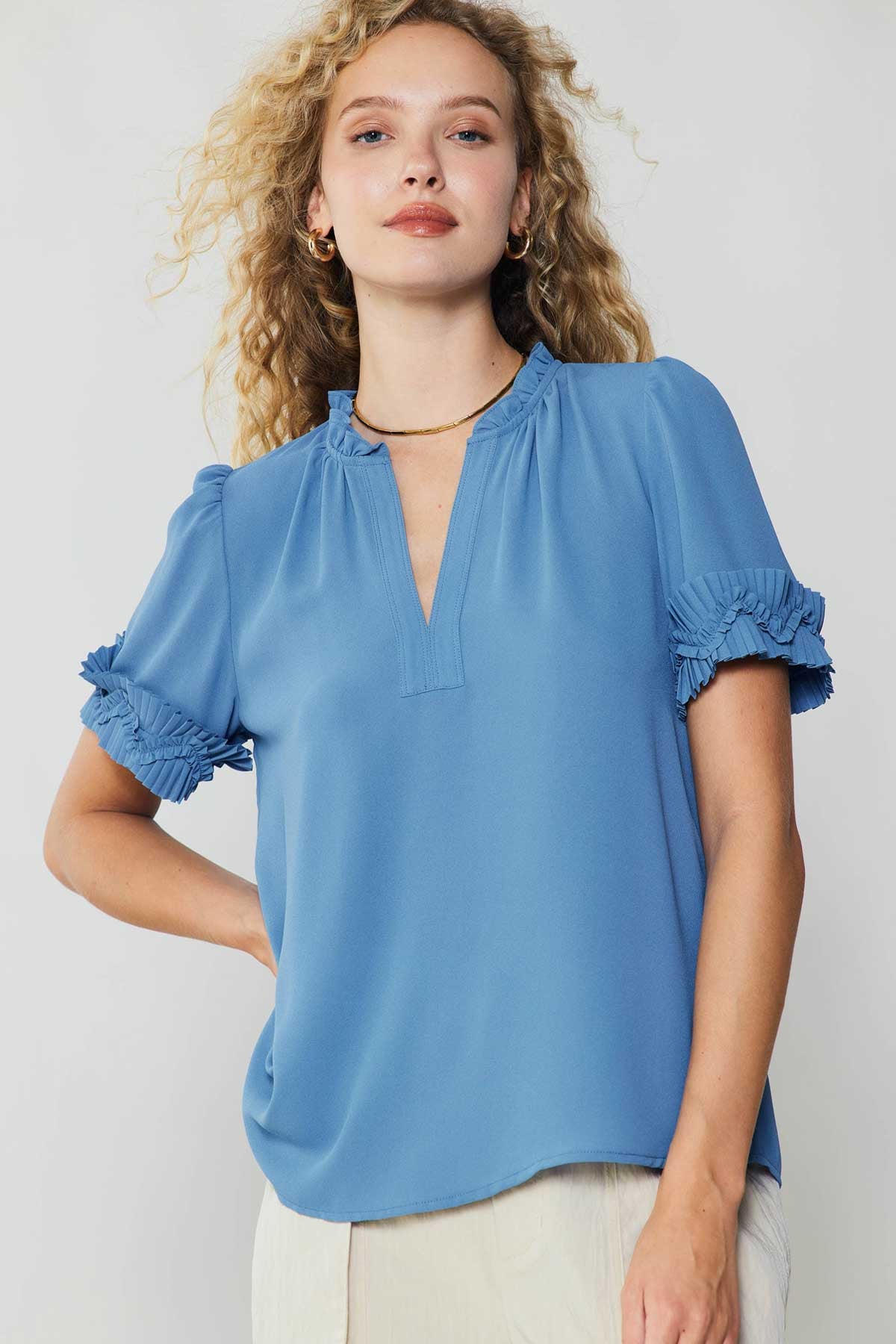 Pleated Cuff Short Sleeve Blouse Faded Blue