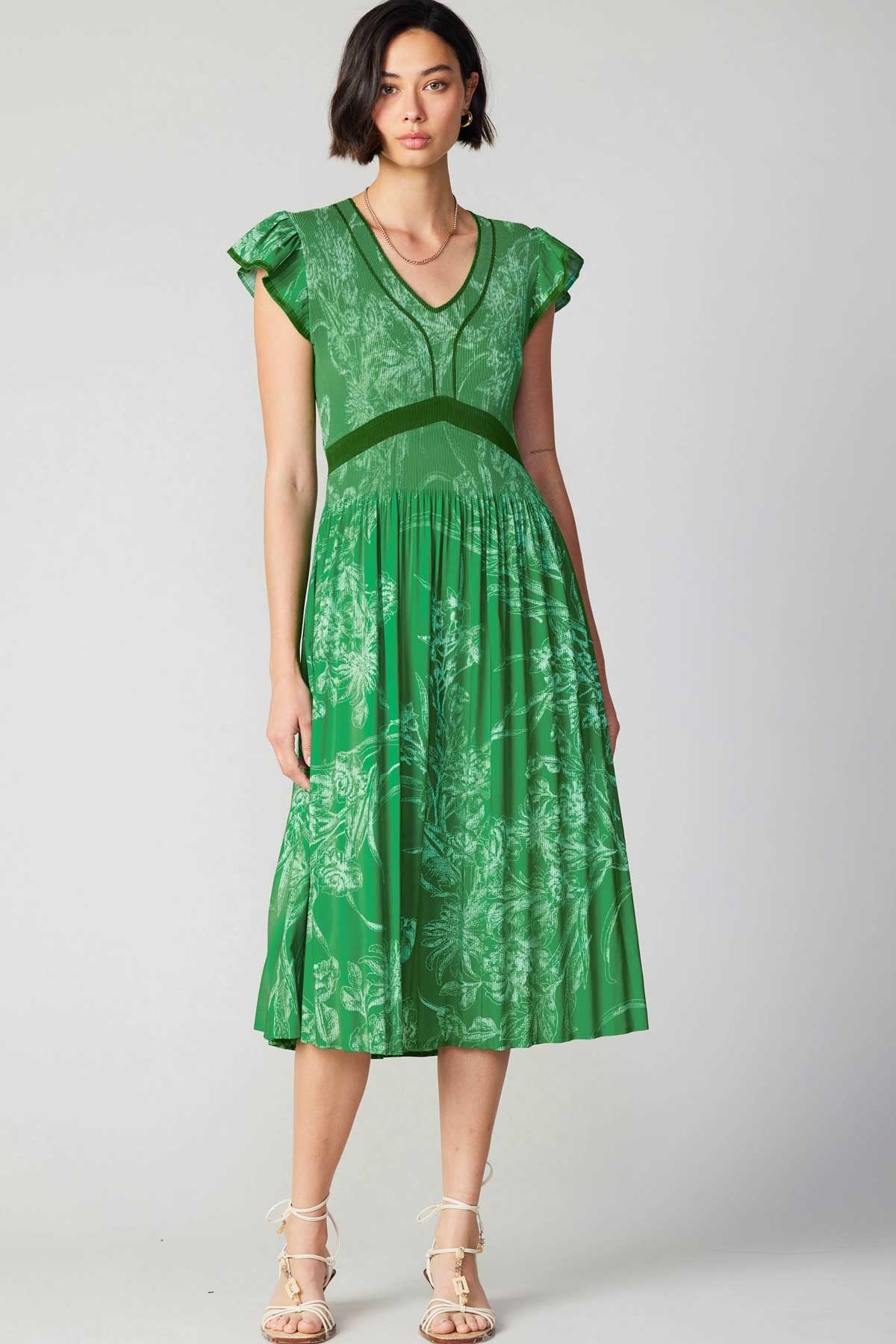 Floral Pleated Midi Dress Spring Green