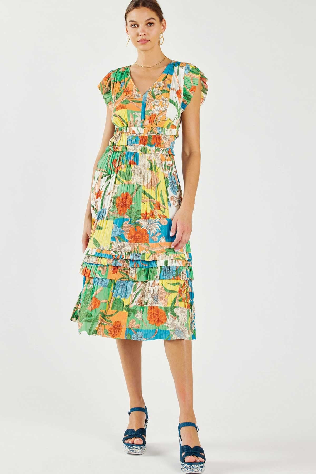 V-Neck Pleated Ruffle Dress Floral Multi
