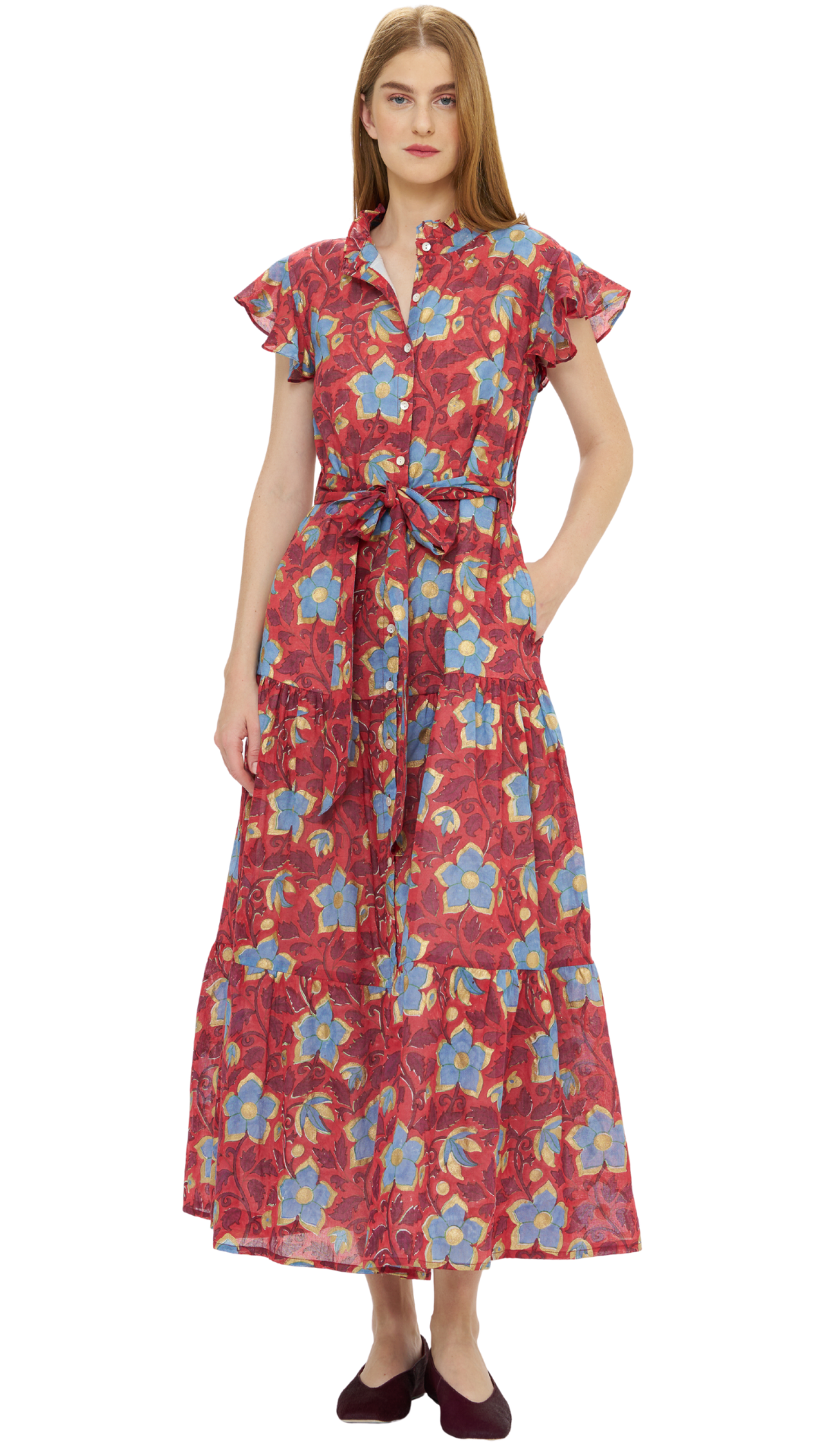 Oliphant Kildare Red floral maxi dress with ruffle collar, flutter sleeves, and tie waist
