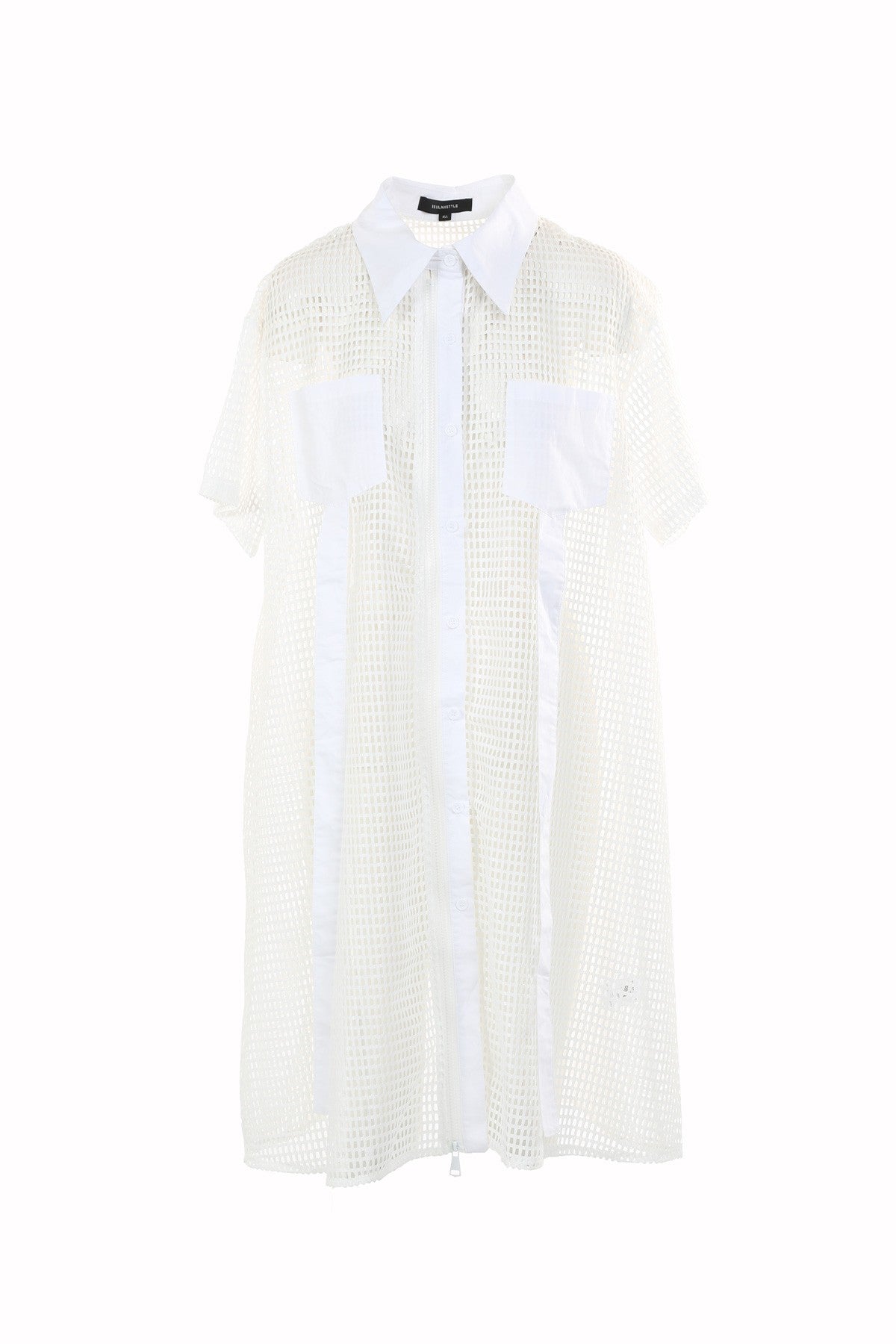 Rectangular Lace Hollow Out Net Midi Shirt Dress
