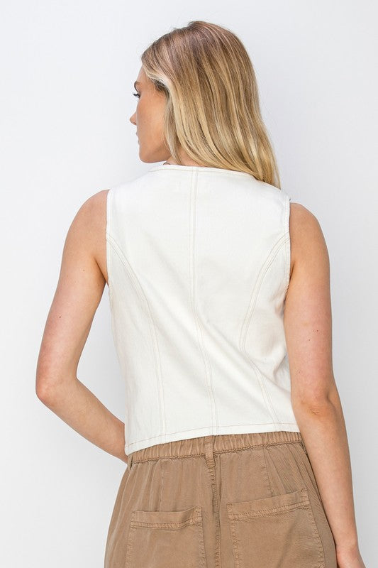 V-Neck Button Down Vest | Cream