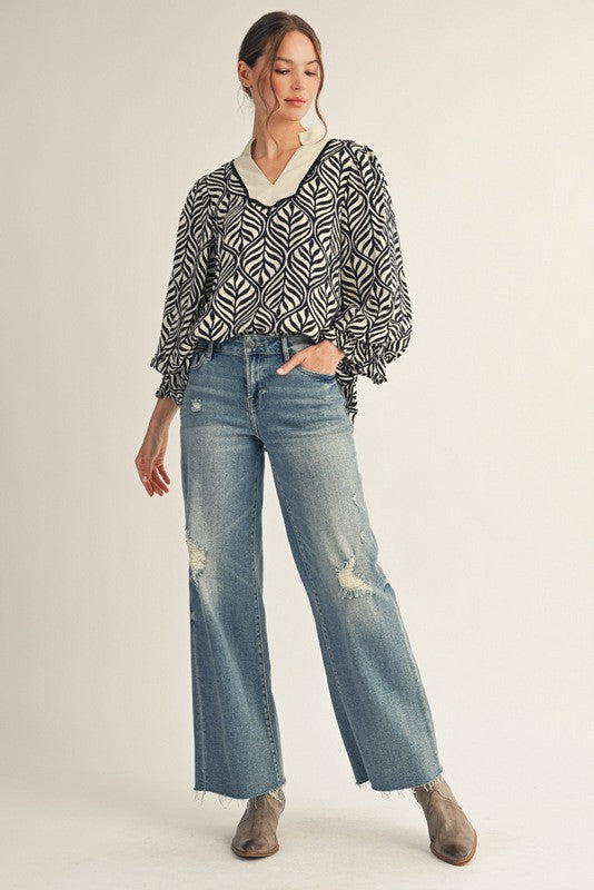 Nikki Boho Leaf Print Top | Black