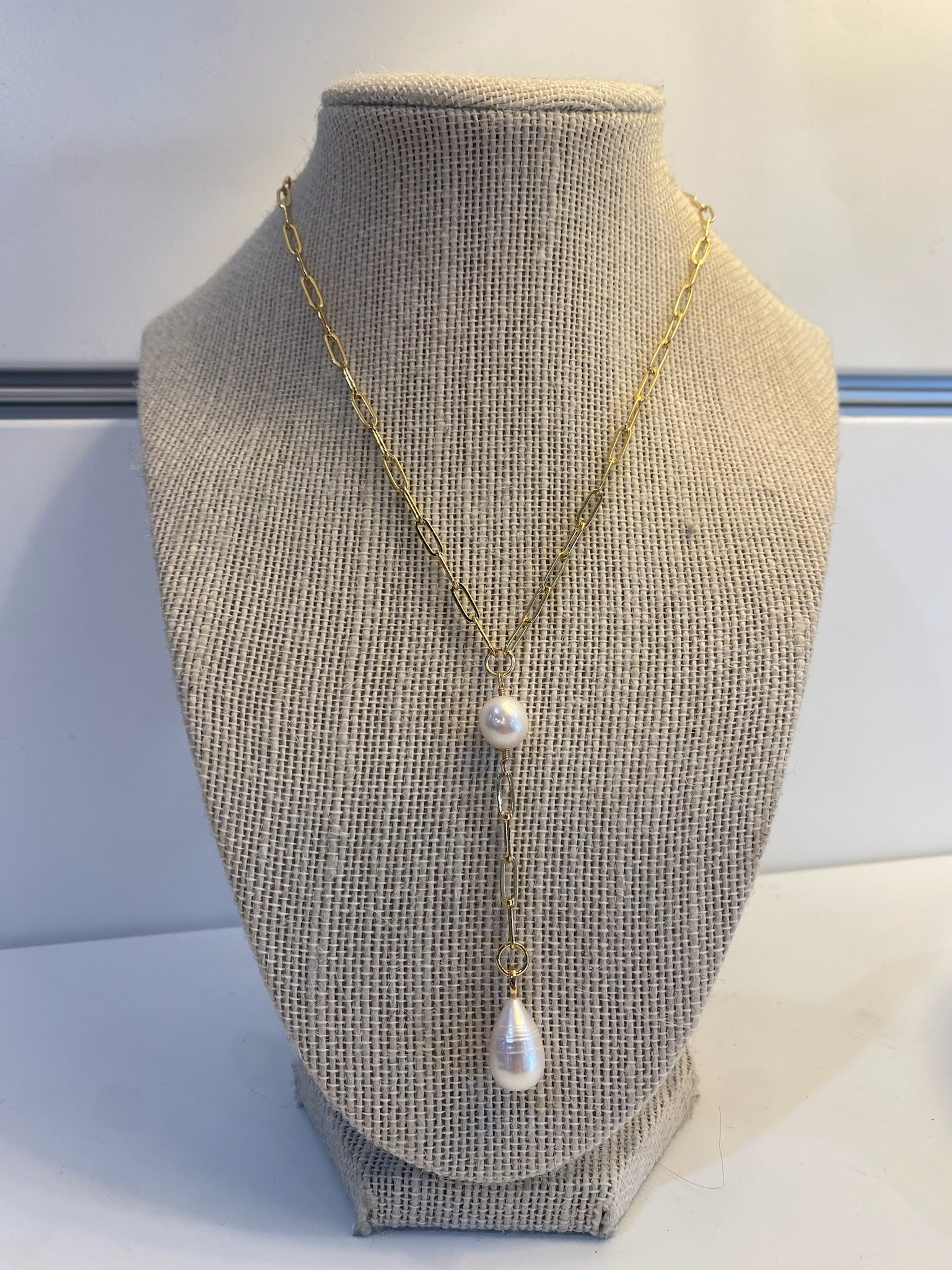 Two Pearl & Paper Clip Chain Necklace