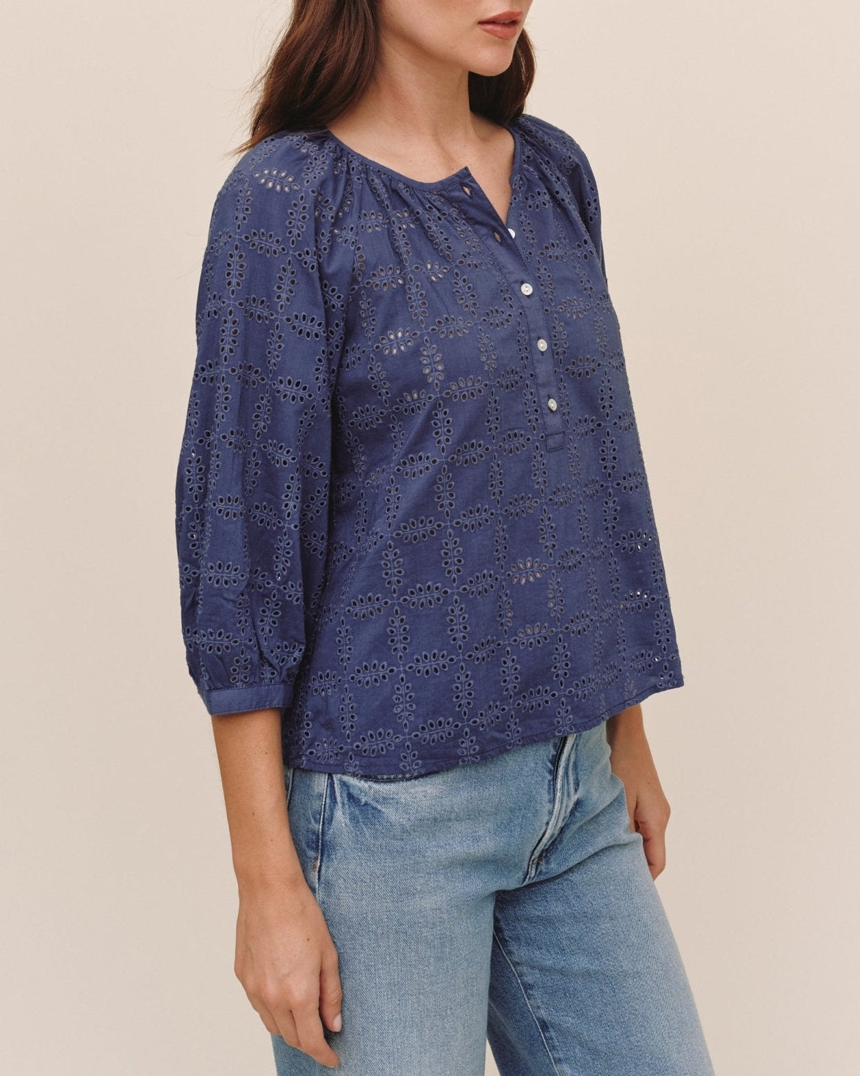 Bella Dahl indigo blue eyelet 3/4 sleeve pullover blouse with button neckline