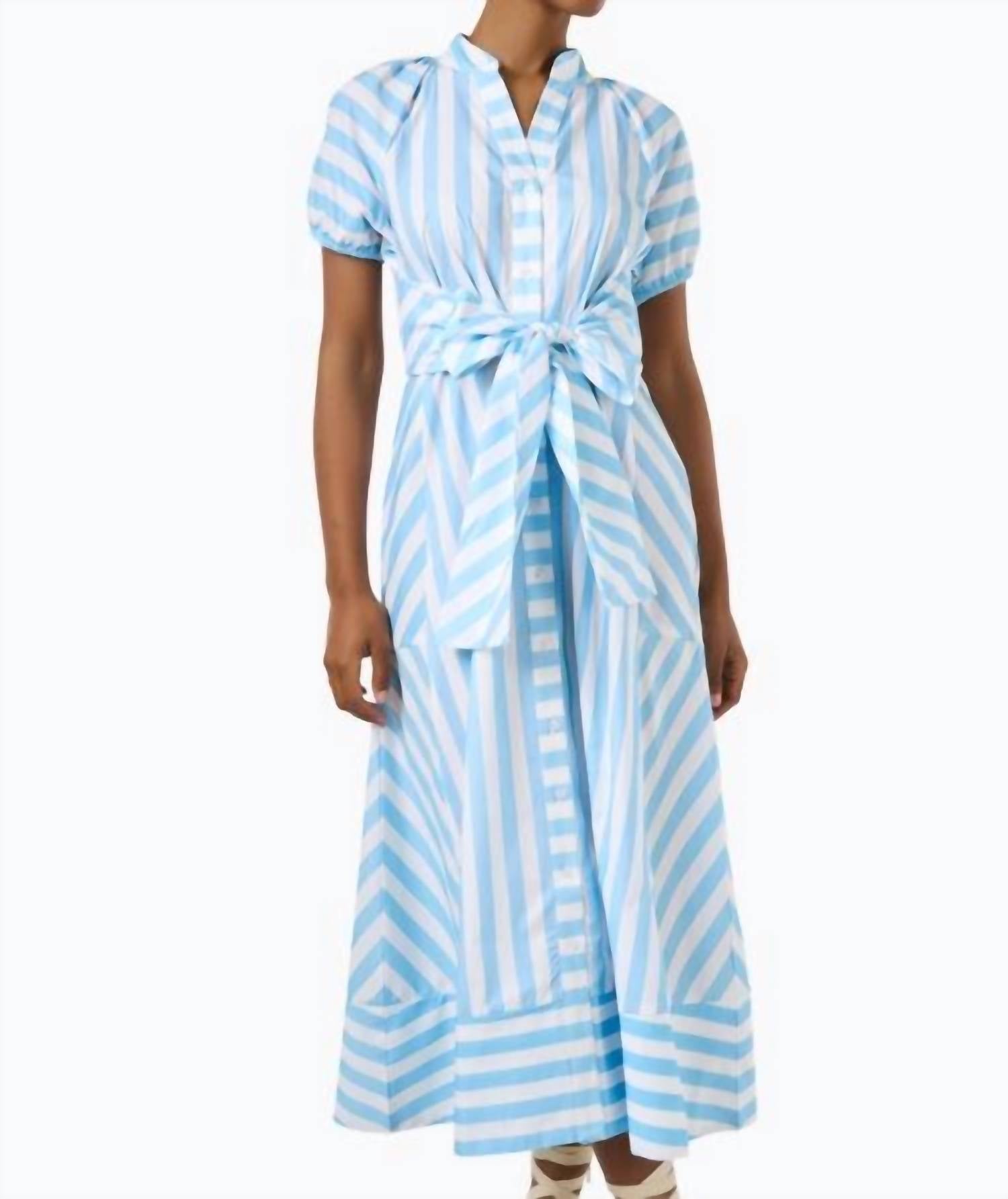 Sail to Sable Abby dress in blue and white stripes with tie waist and short sleeves