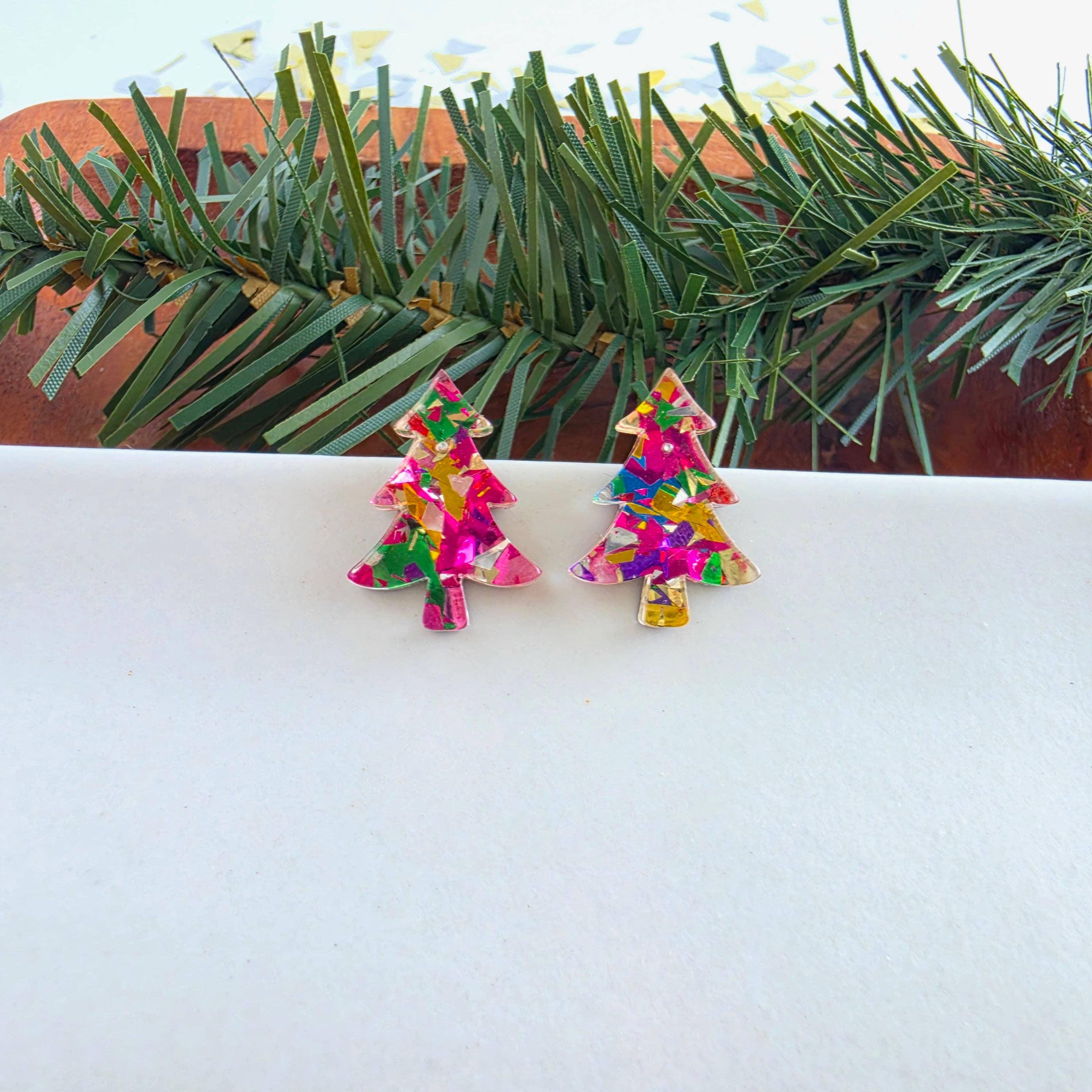 Christmas Tree Studs - Pink Tinsel
