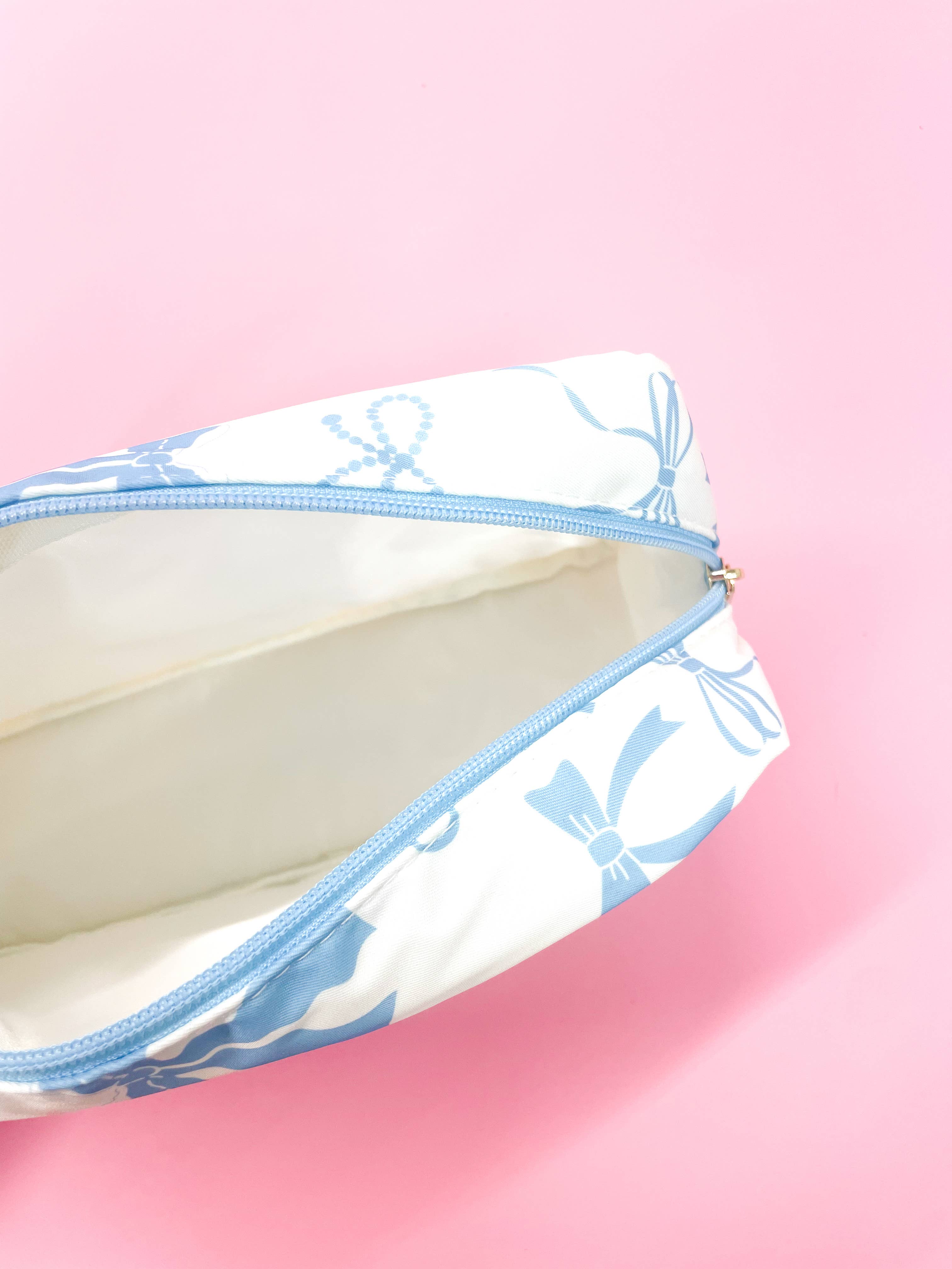 Large Travel Toiletry Cosmetic Bag | Blue Bow Print