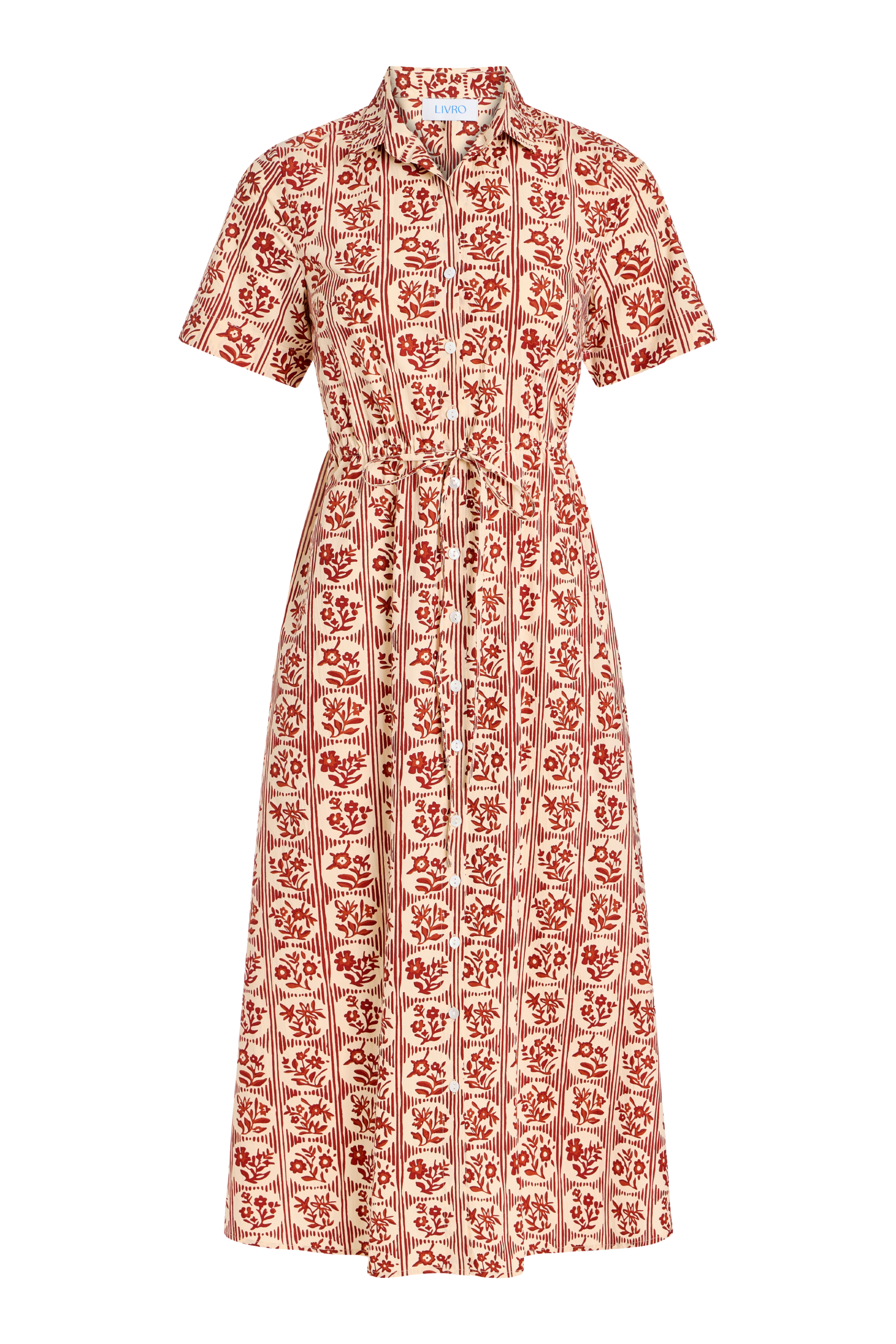 Livro Sutton Dress in brick bloom floral block print midi shirtdress with short sleeves