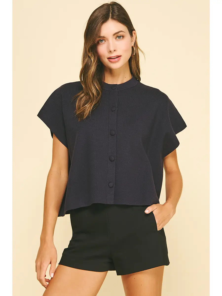 Short Sleeve Button Sweater | Navy