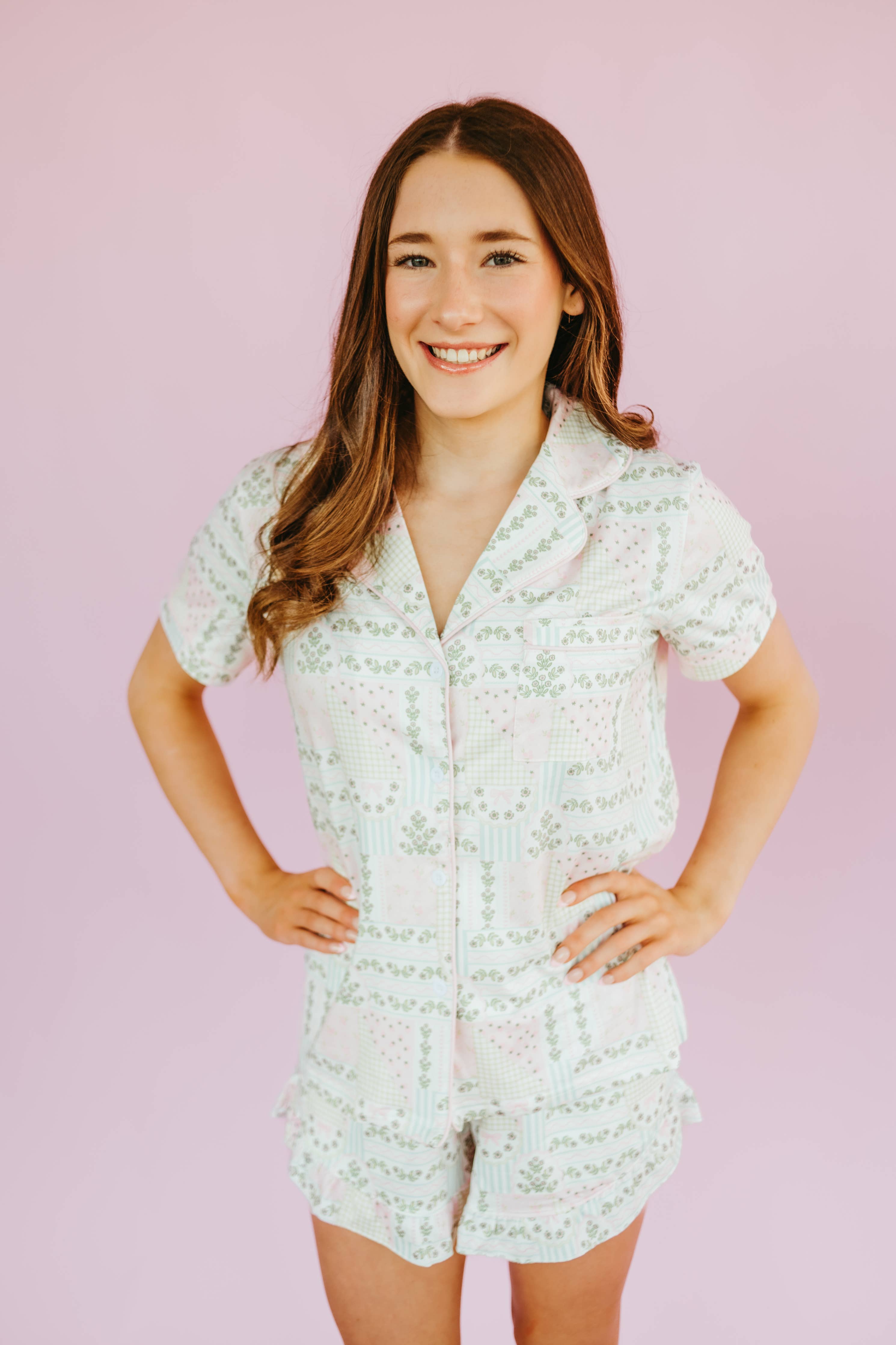 Patchwork Ruffle Hem Shorts Pajama Set: S