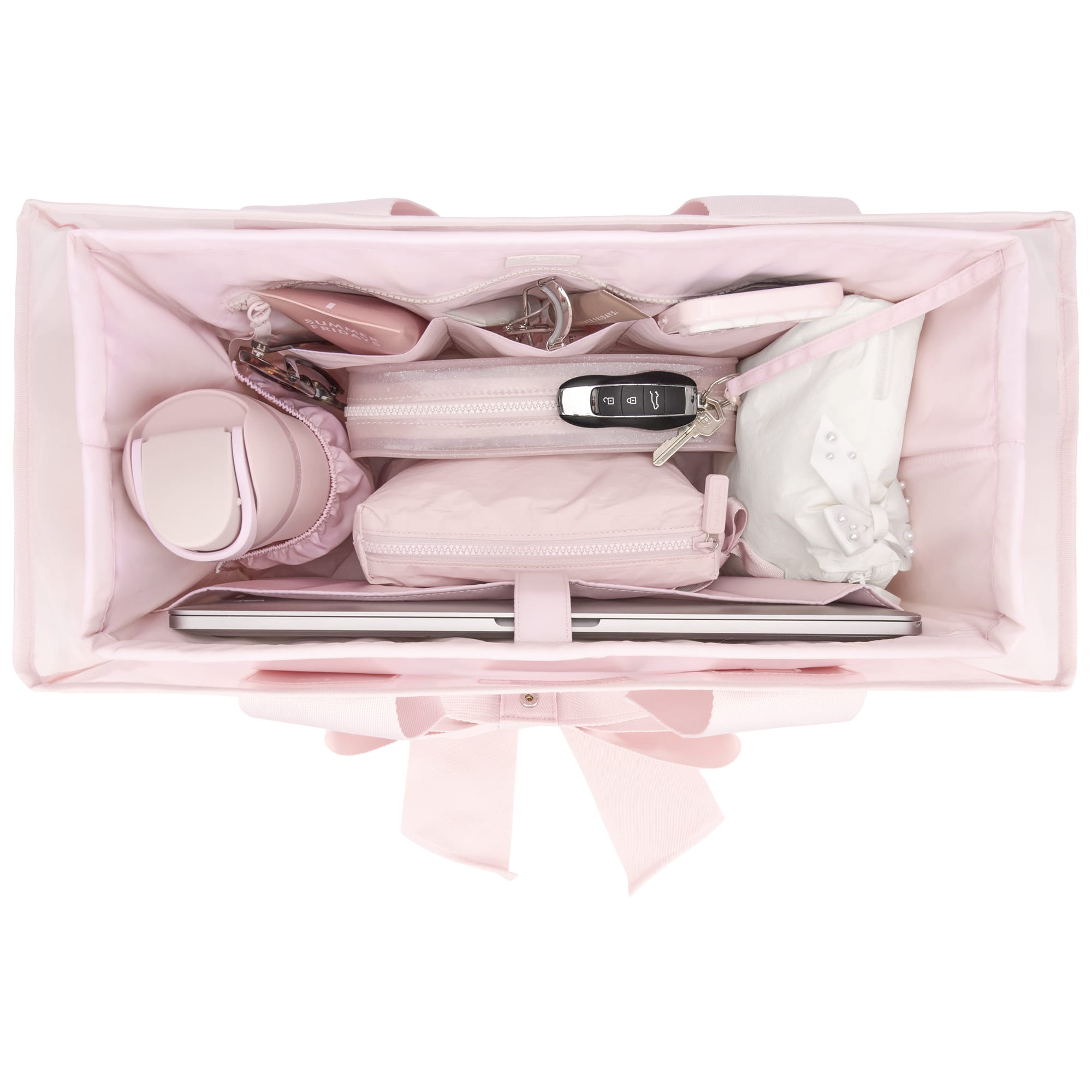 Case-Mate Ballet Pink tote bag organizer shown open with laptop, keys, pouches, and accessories inside