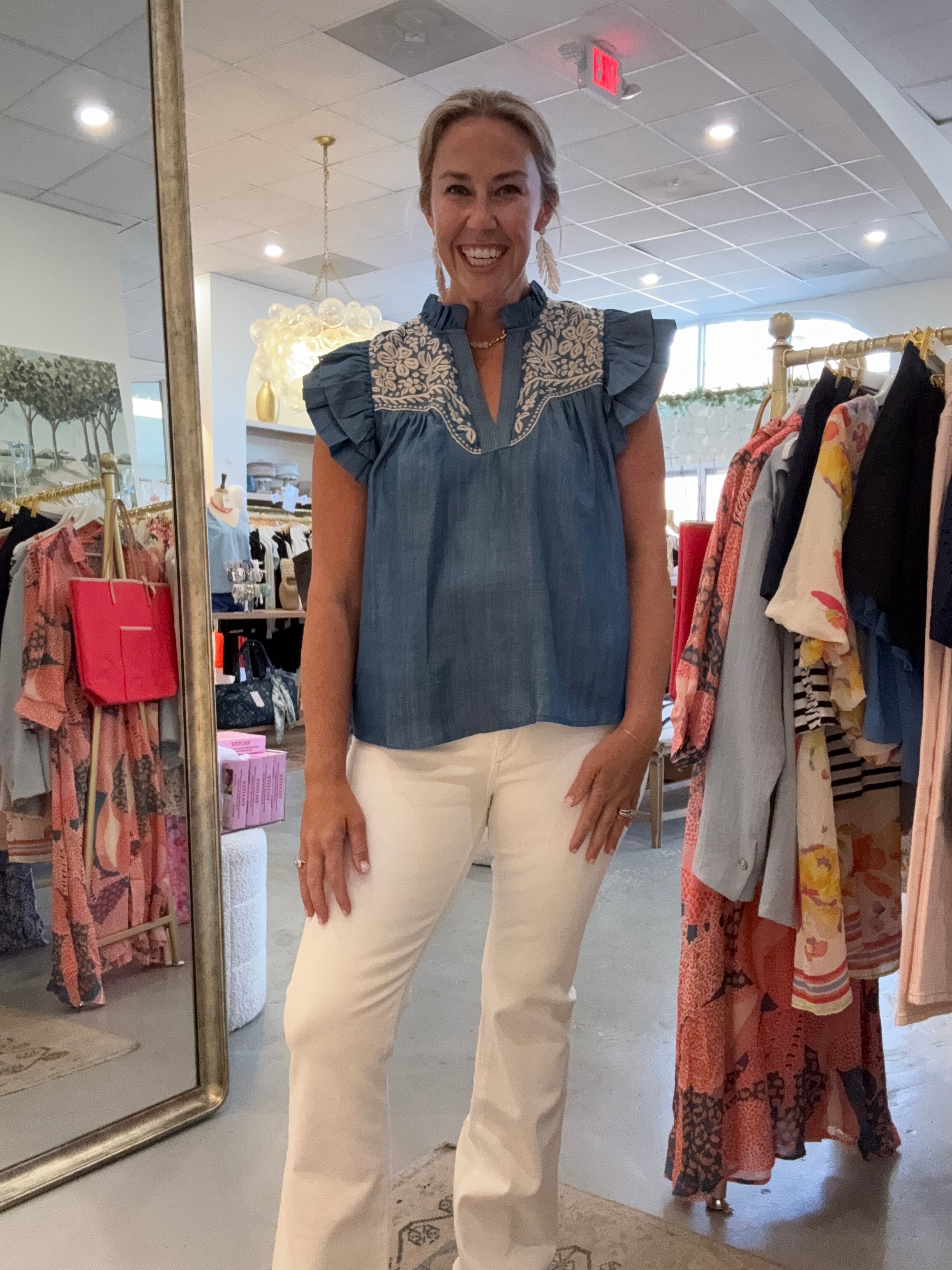 Lisa Embroidered Top | Chambray
