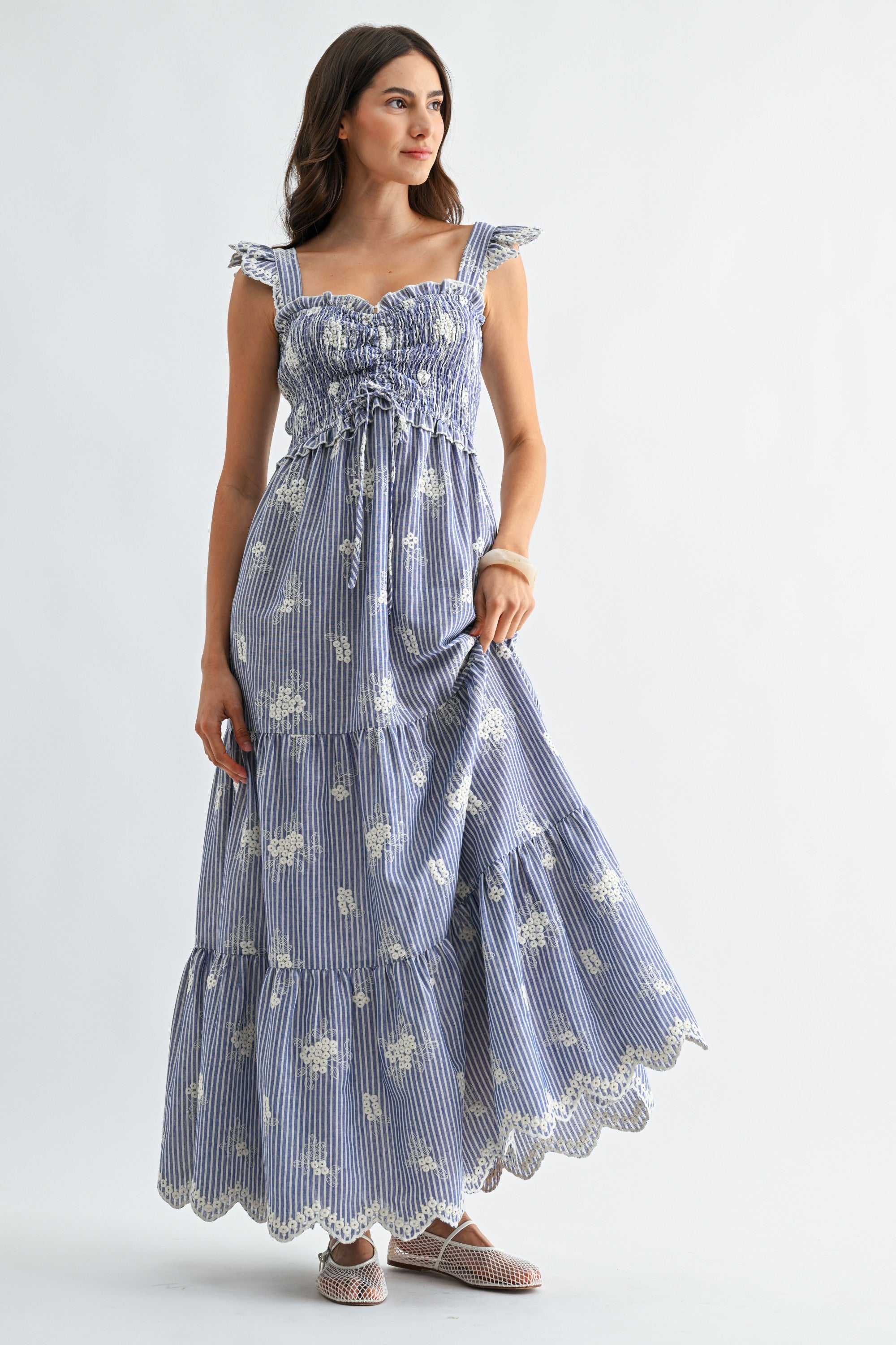 Camellia Embroidered Dress | Blue