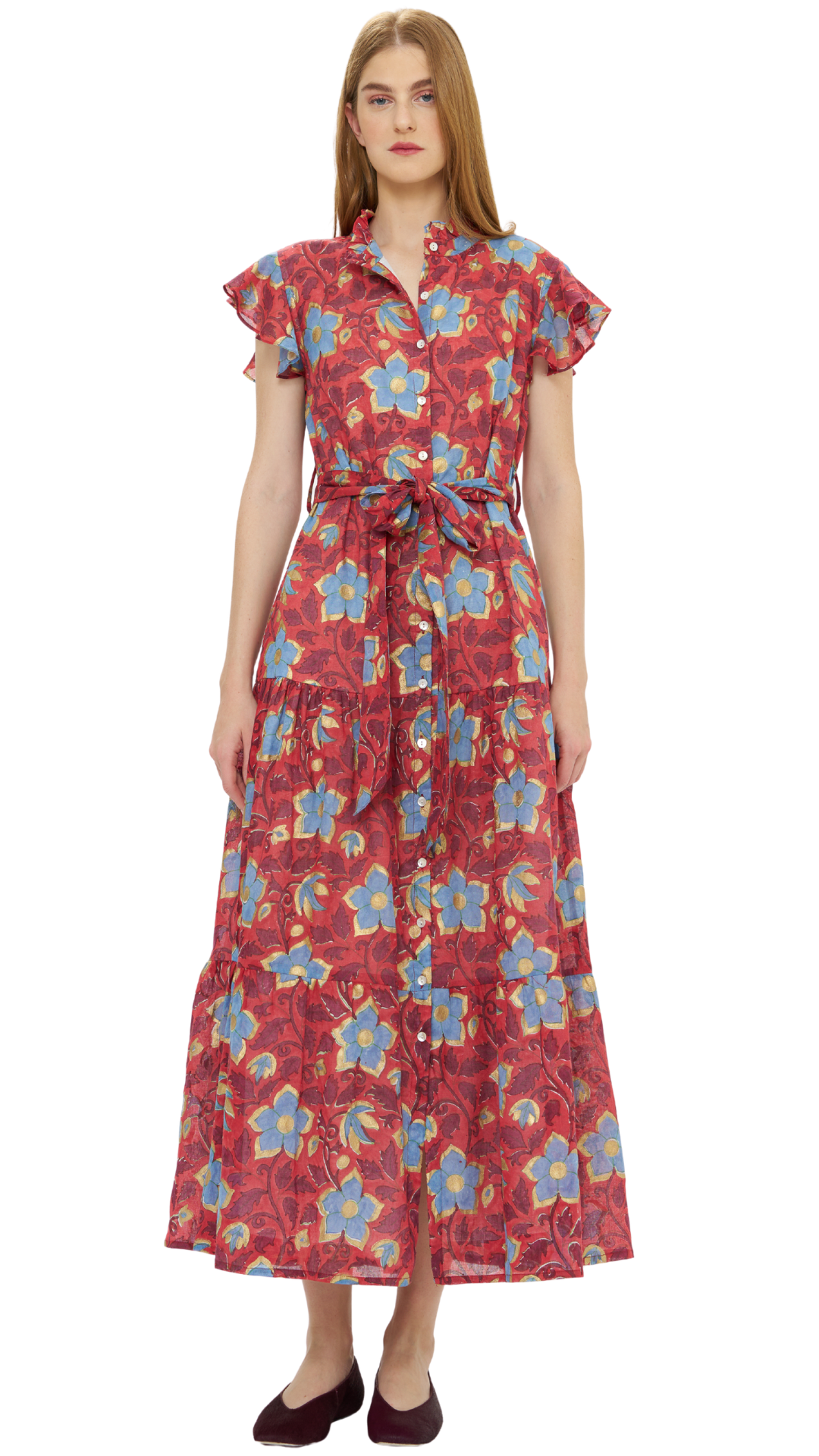 Oliphant Ruffle Collar Button Maxi dress in red floral print with blue flowers and tie waist