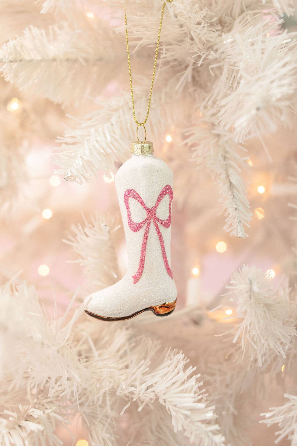 Cowboy Boot Christmas Ornament with Glitter Pink Bow