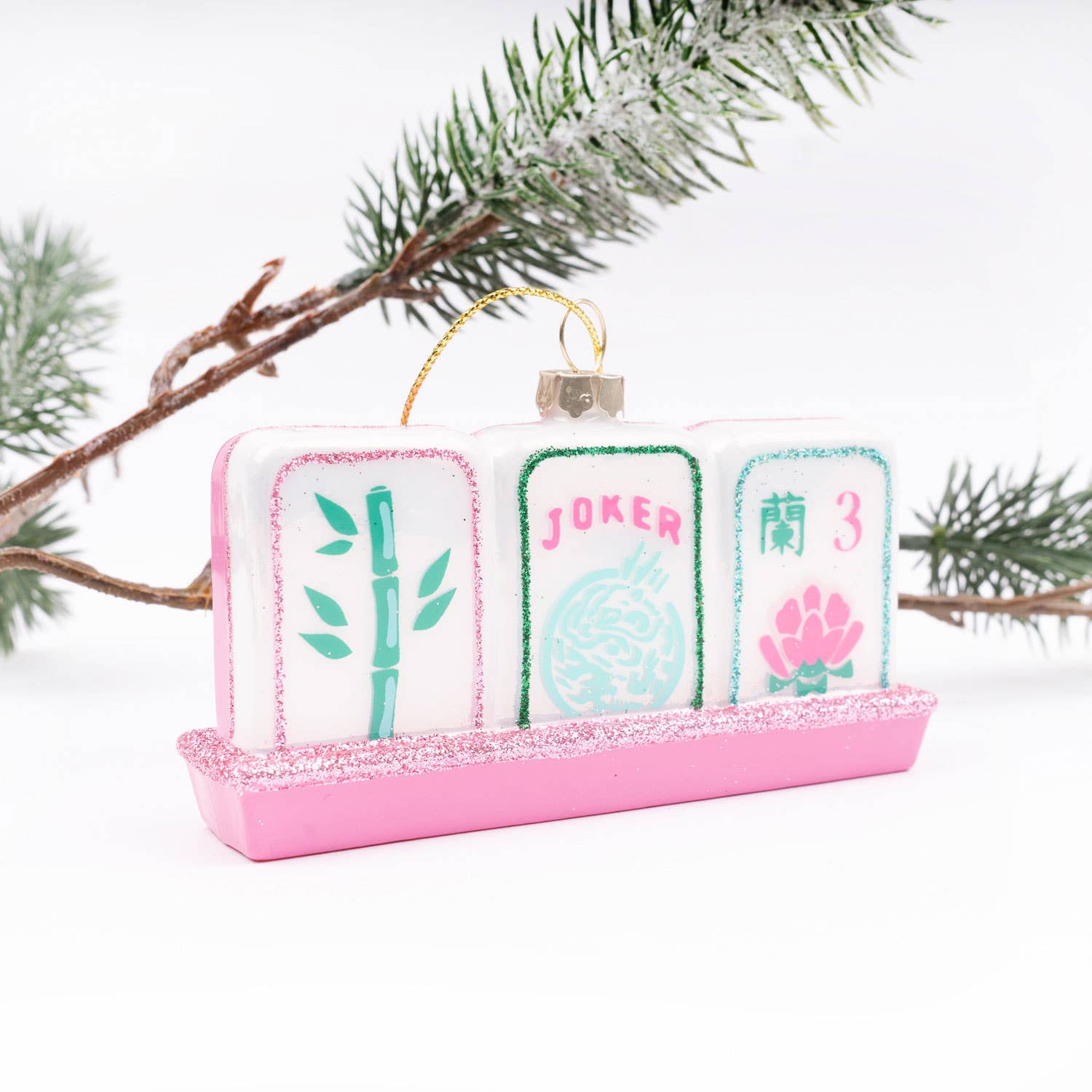 Mahjong Tile Hand-Painted Glass Christmas Ornament | Pink