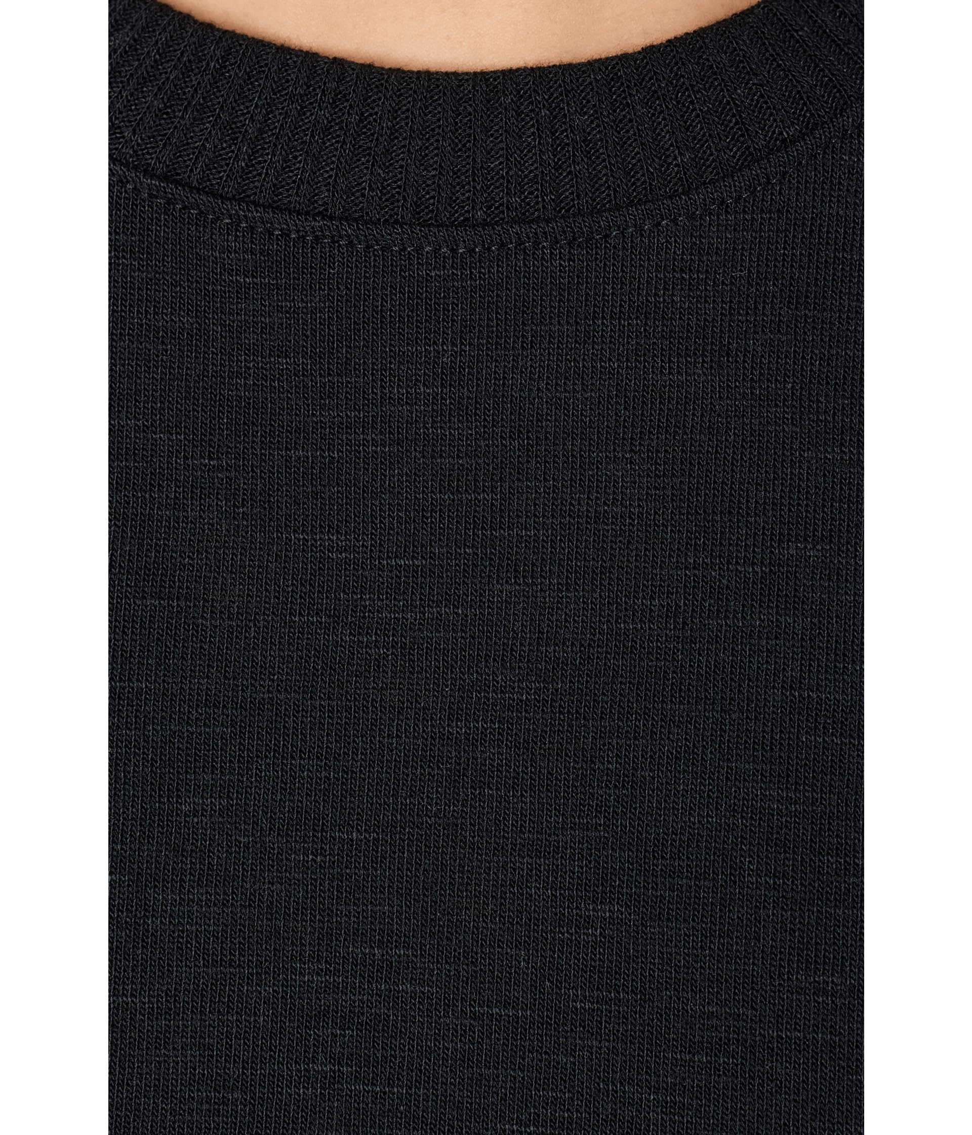 Black crew neck knit sweater with ribbed neckline detail shown on model