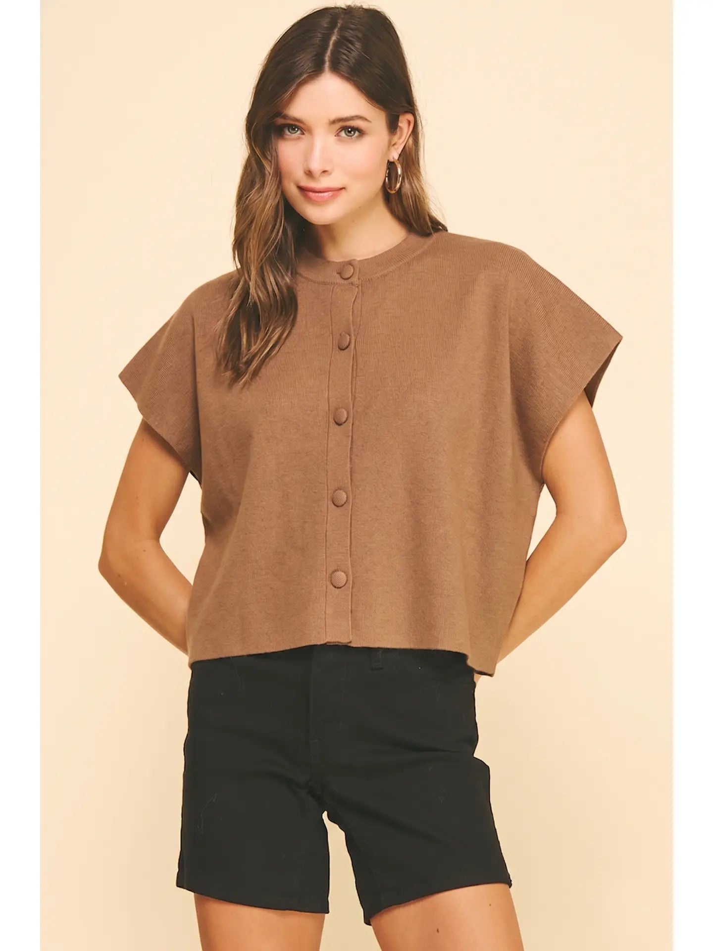 Short Sleeve Button Sweater | Camel
