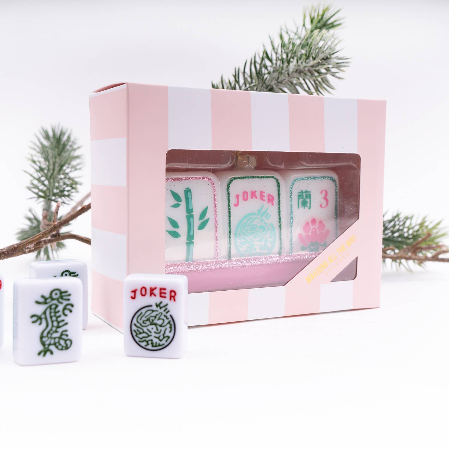 Mahjong Tile Hand-Painted Glass Christmas Ornament | Pink
