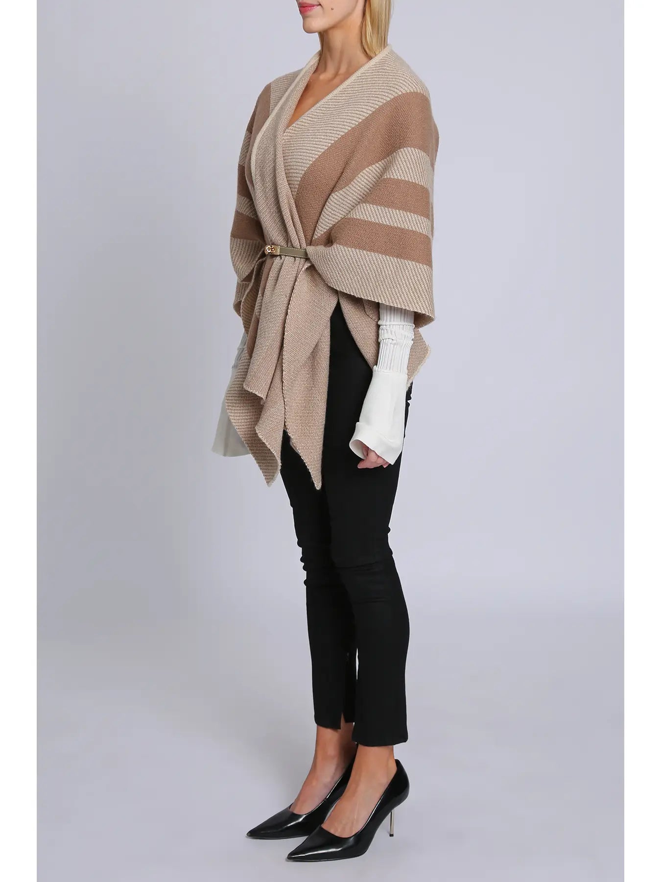 Sandy Striped Belted Cape | Taupe