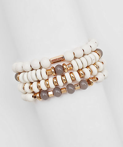 4 Row Wood & Stone Beaded Bracelet Ivory