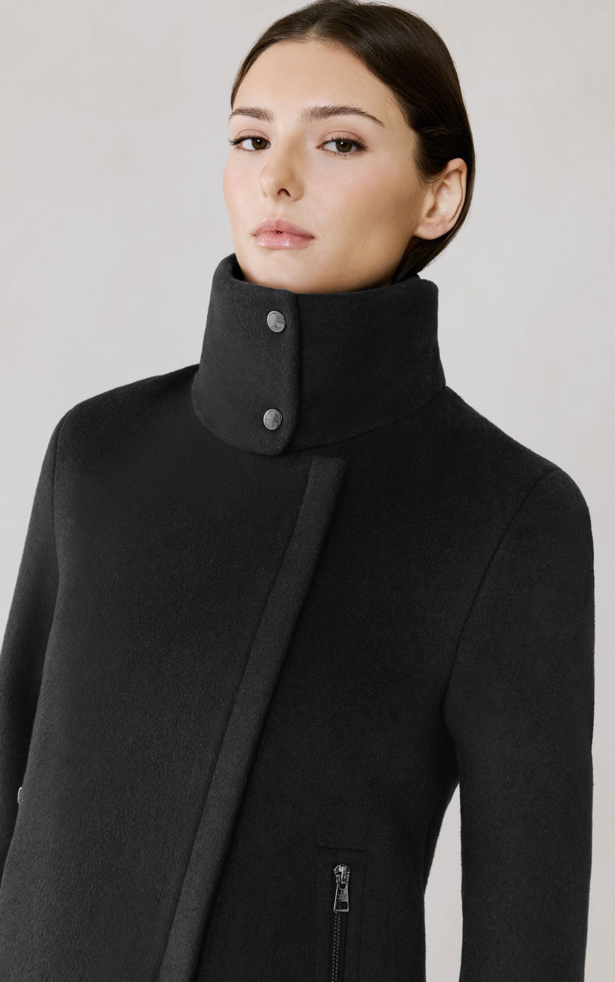 Soia & Kyo Abbi black wool coat with high collar and silver button details