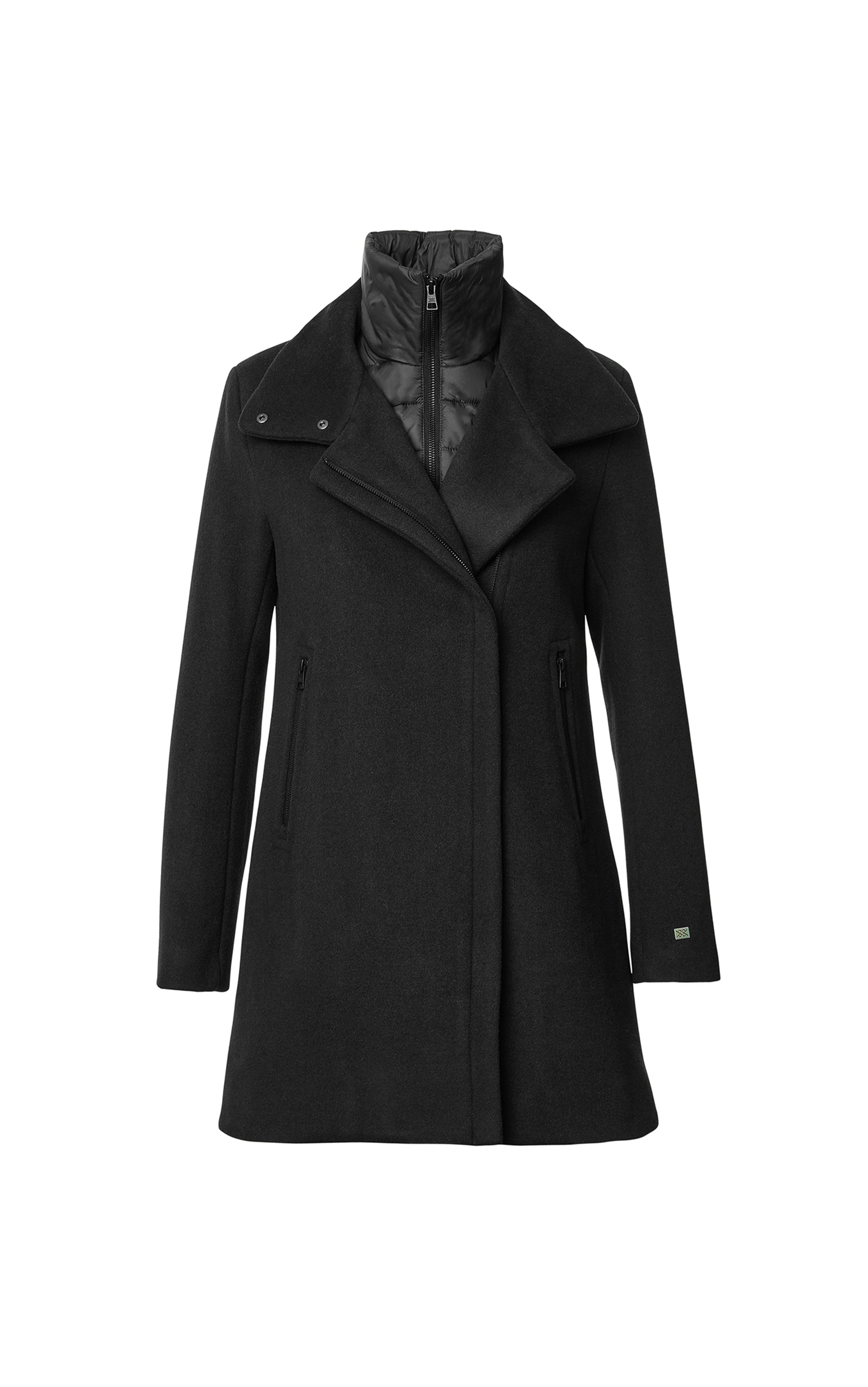 Black wool coat with quilted removable inner vest and asymmetrical zip closure