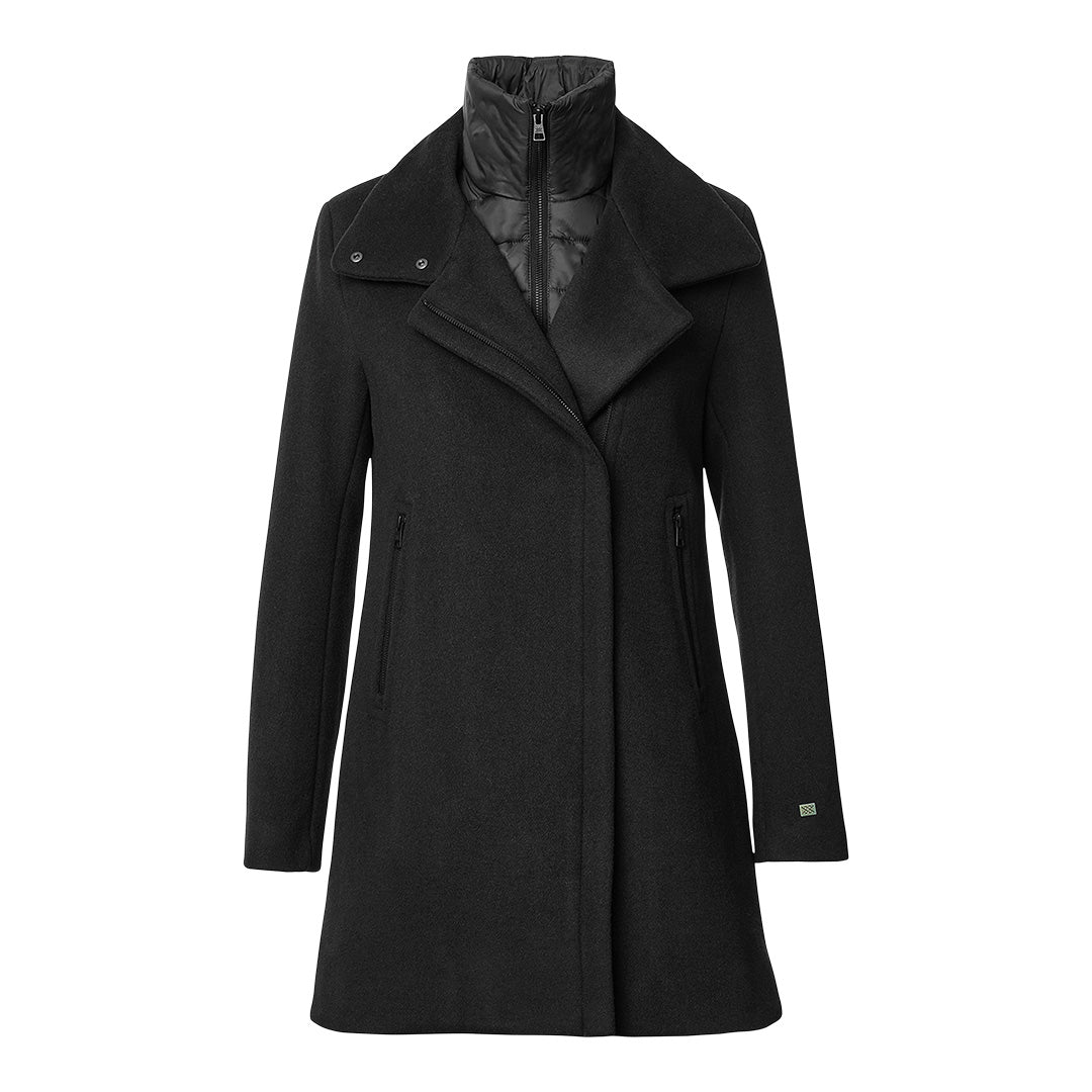 Black wool coat with quilted vest insert, asymmetric zip closure and wide lapels