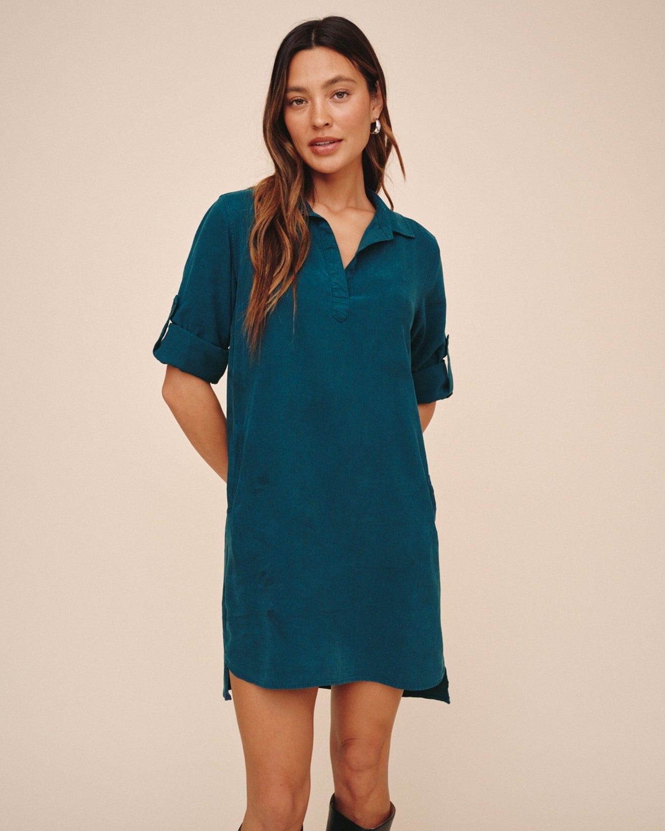 Bella Dahl teal long sleeve A-line shirt dress with collar and rolled sleeves