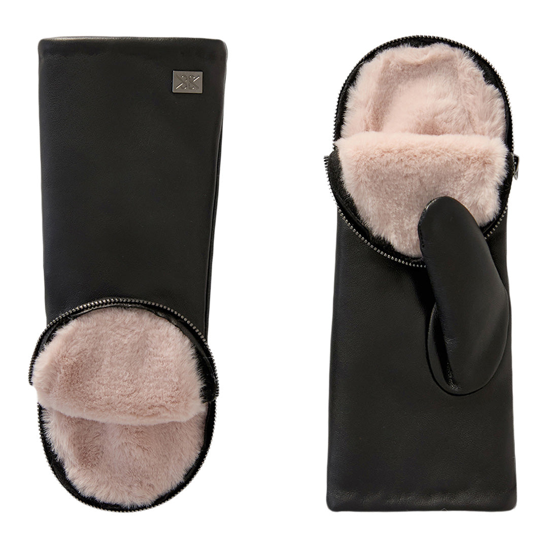 Black leather mittens with pink fleece lining and zipper opening shown open and closed
