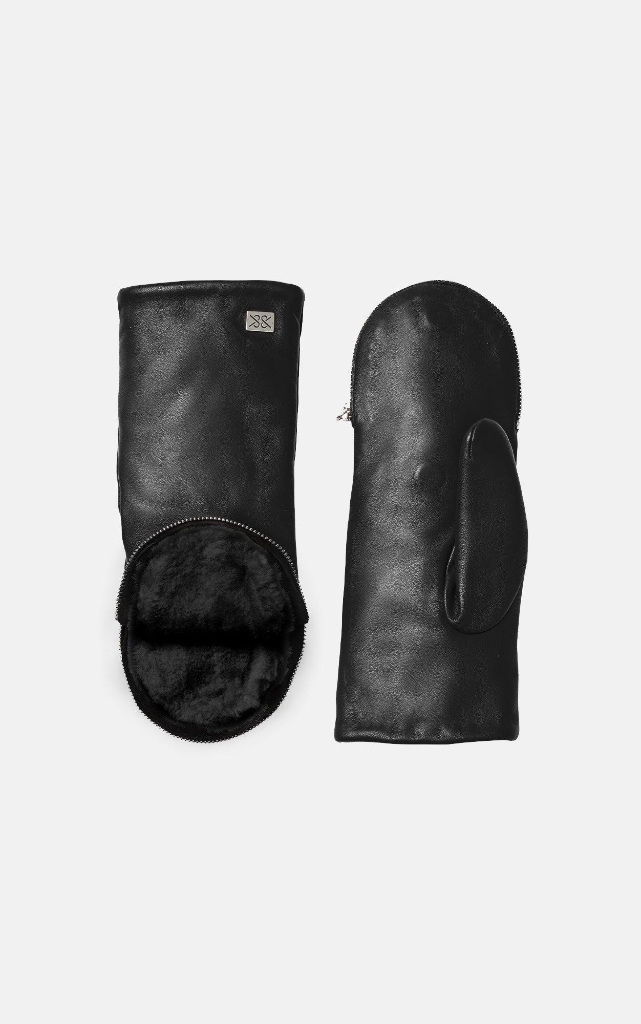 Black leather mittens with fur lining and zipper closure by Soia & Kyo