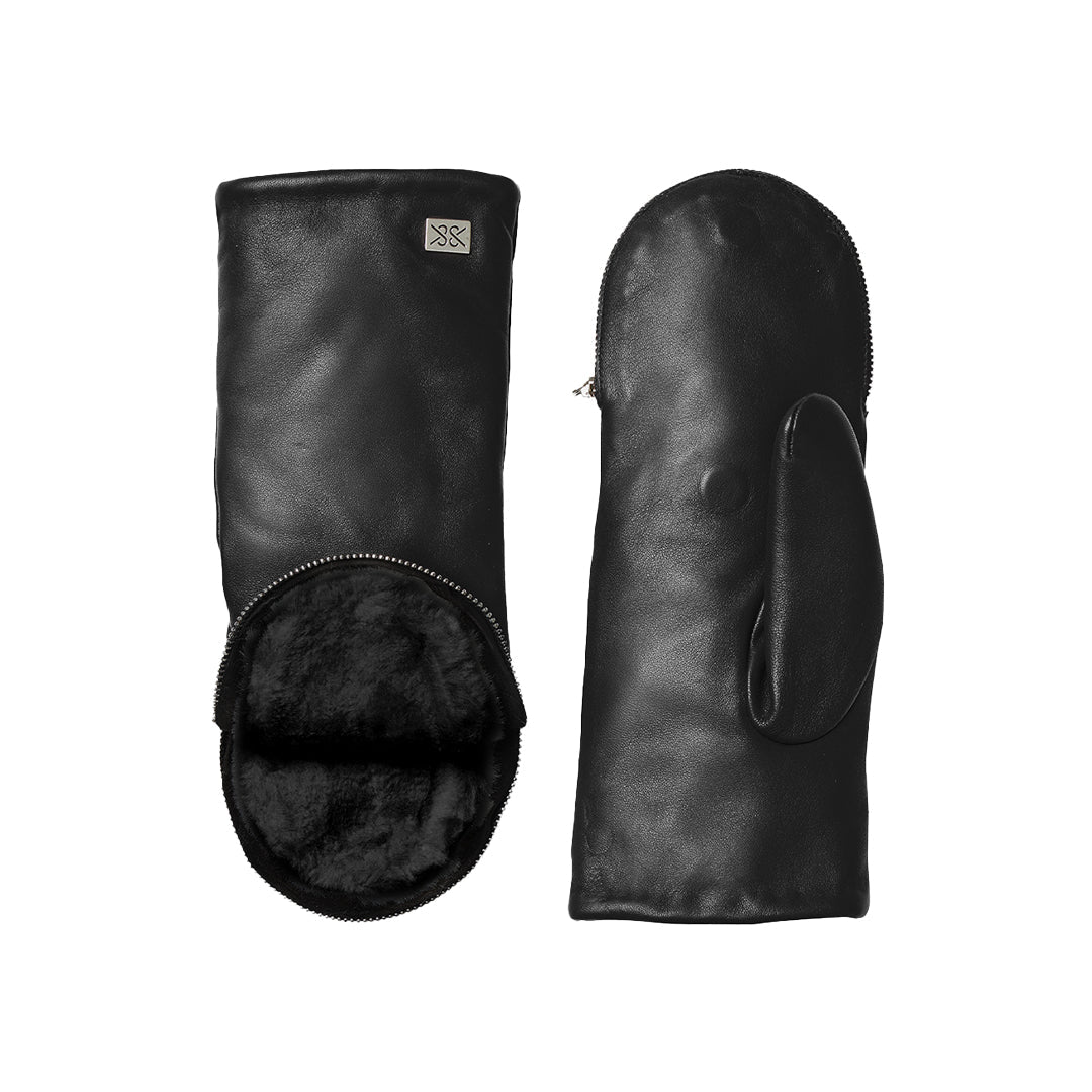 Soia & Kyo Betrice black leather mittens with fur lining, showing interior and exterior views